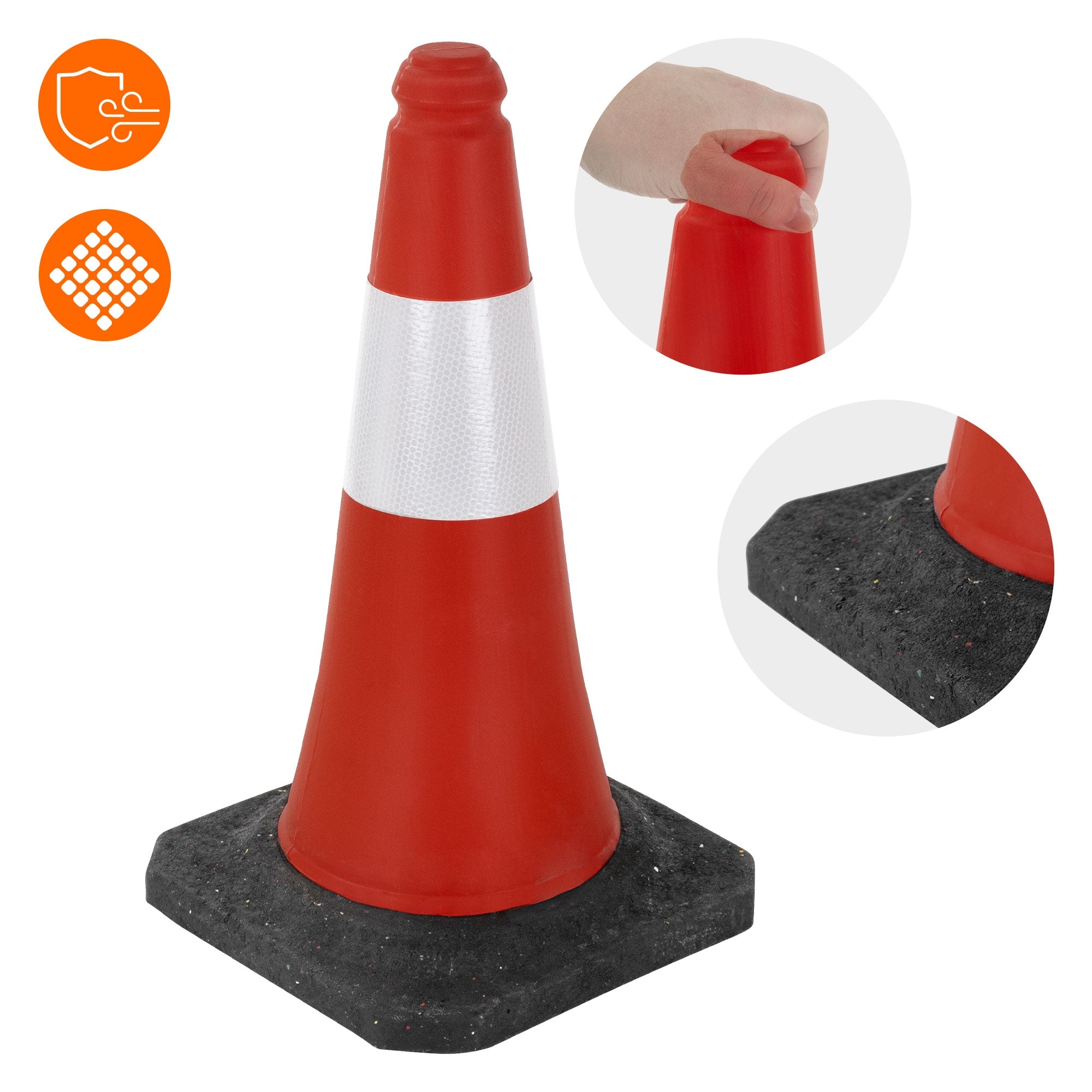 Punainen liikenteen este heijastavalla viivalla ja harmaalla kumipohjalla.