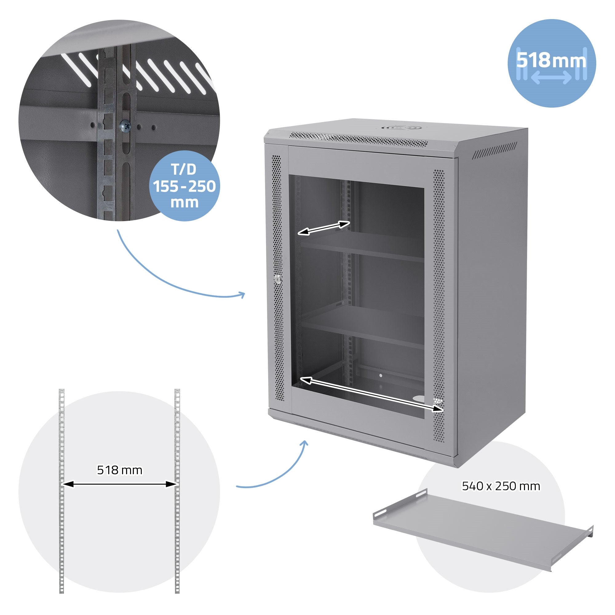 Grauer Serverschrank mit Glastür, zwei Regalen und Maßangaben.