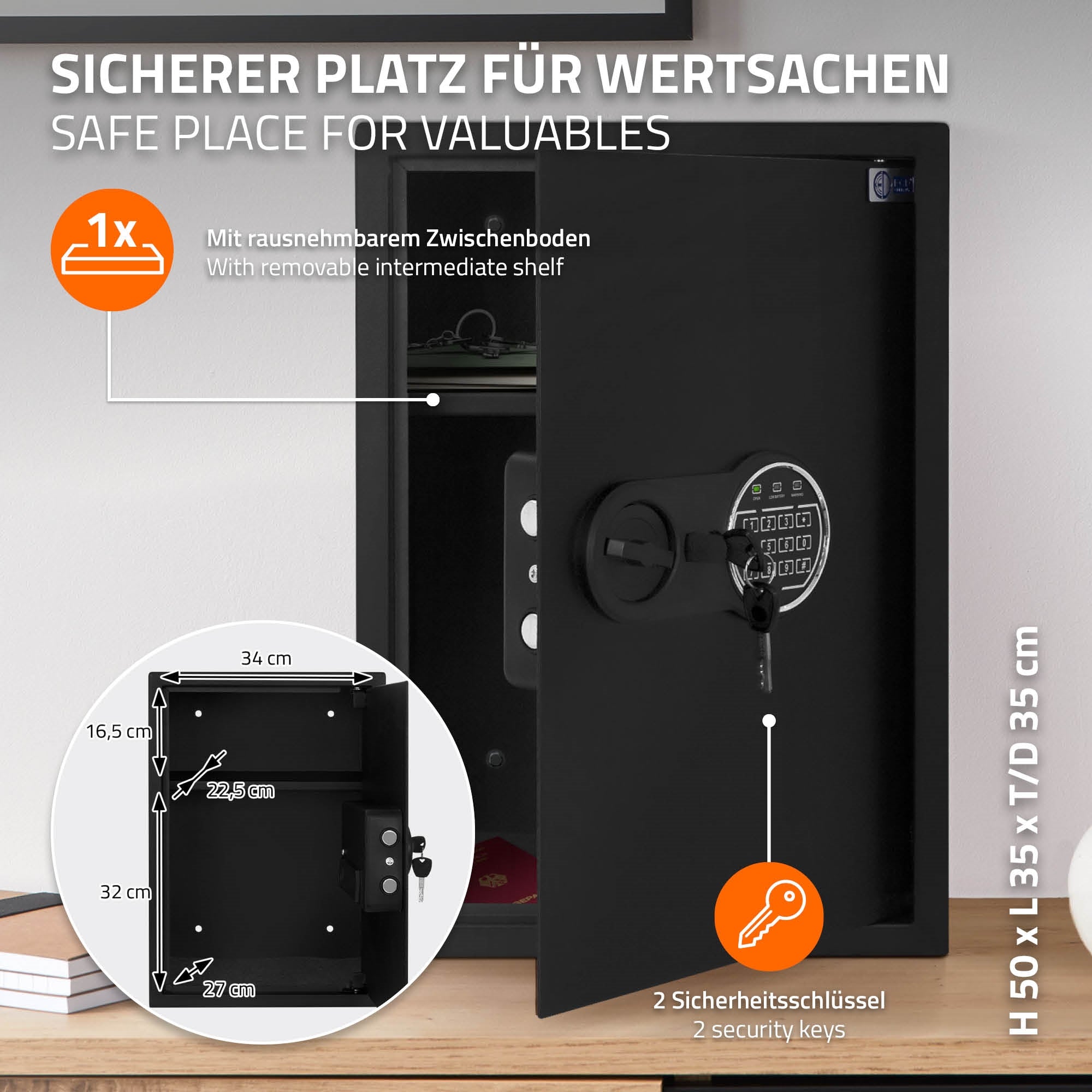Schwarzer Safe mit Schlüssel und digitalem Zahlenschloss.