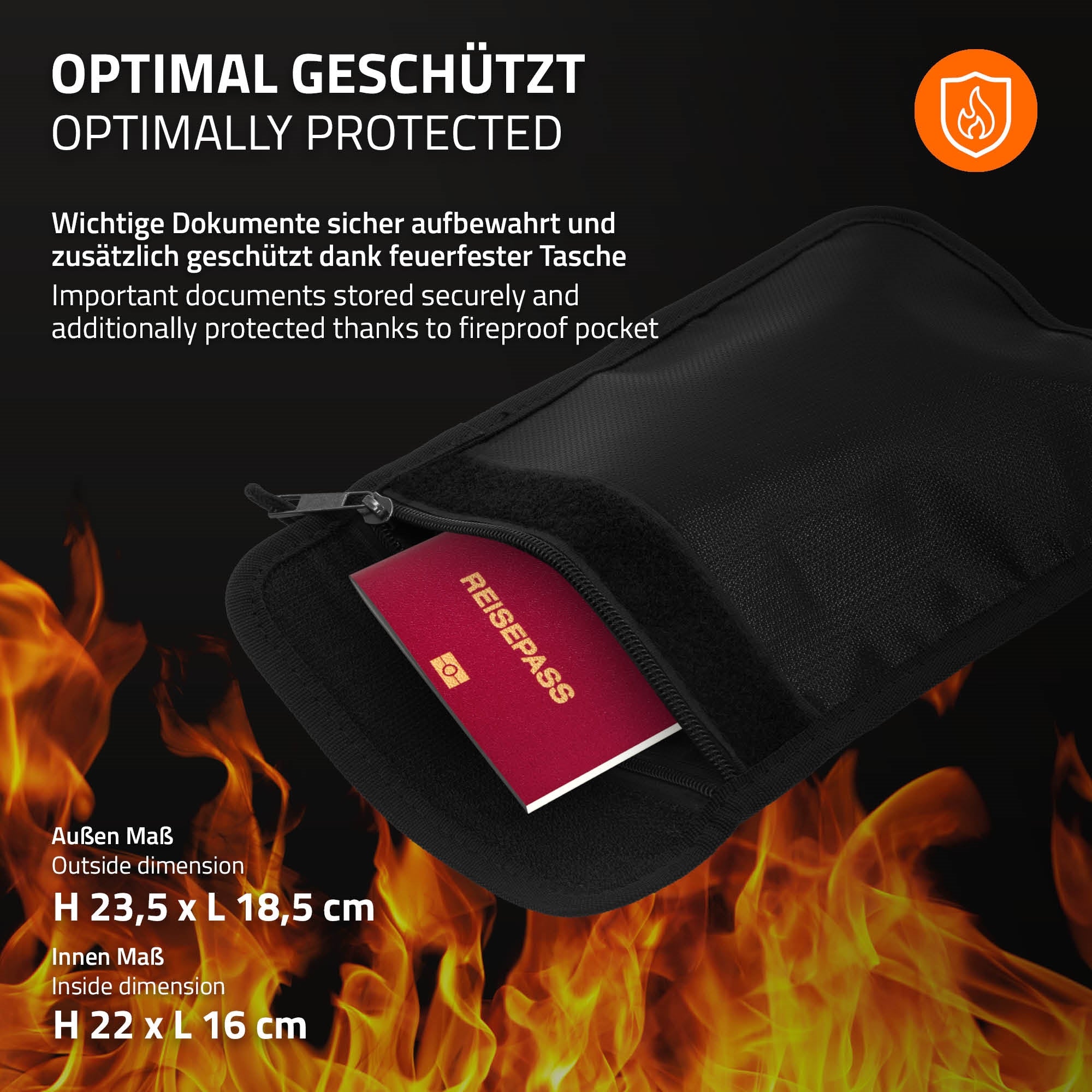 Schwarze feuerfeste Tasche mit Dokumenten und Maßangaben.