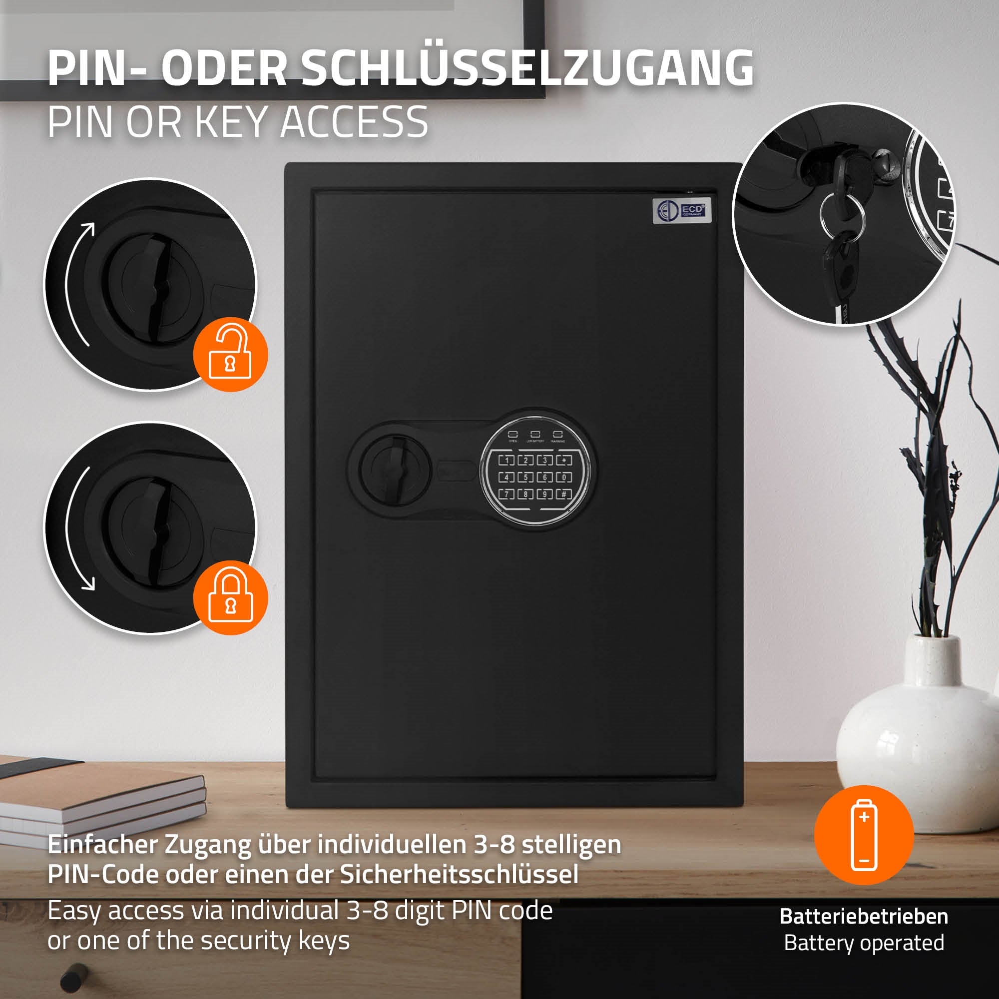 Sicherheitsbox mit PIN-Code und Schlüsselzugang auf einem Tisch.