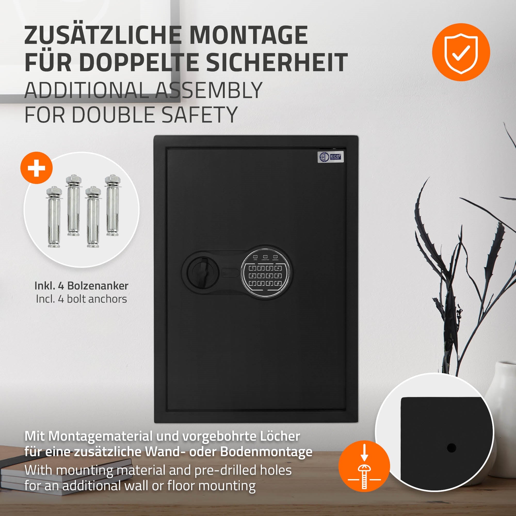 Sicherheitsbox mit Zahlenkombinationsschloss, an einer Wand montiert.