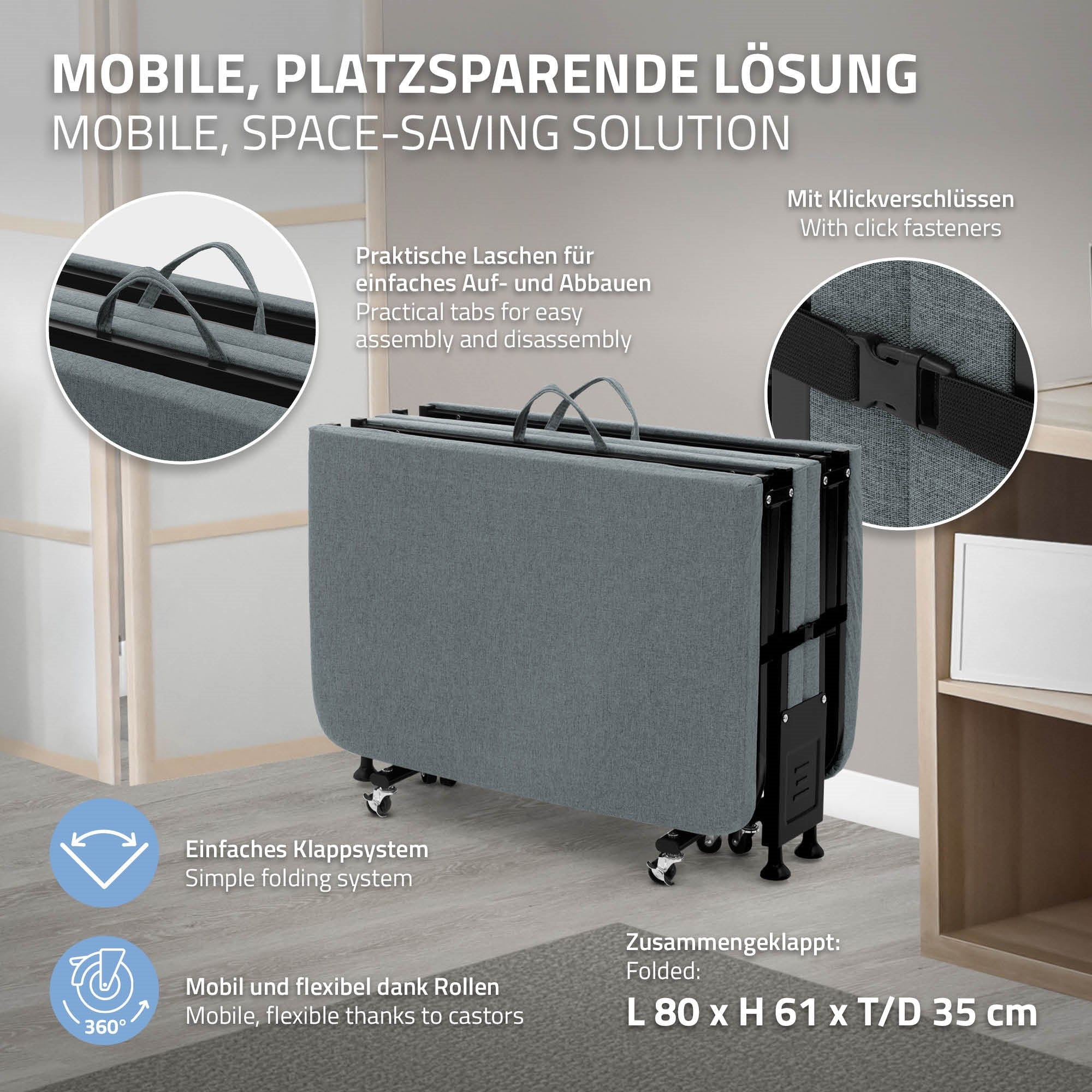 Összecsukható ágy összecsukható mechanizmussal, szürke háttér előtt.