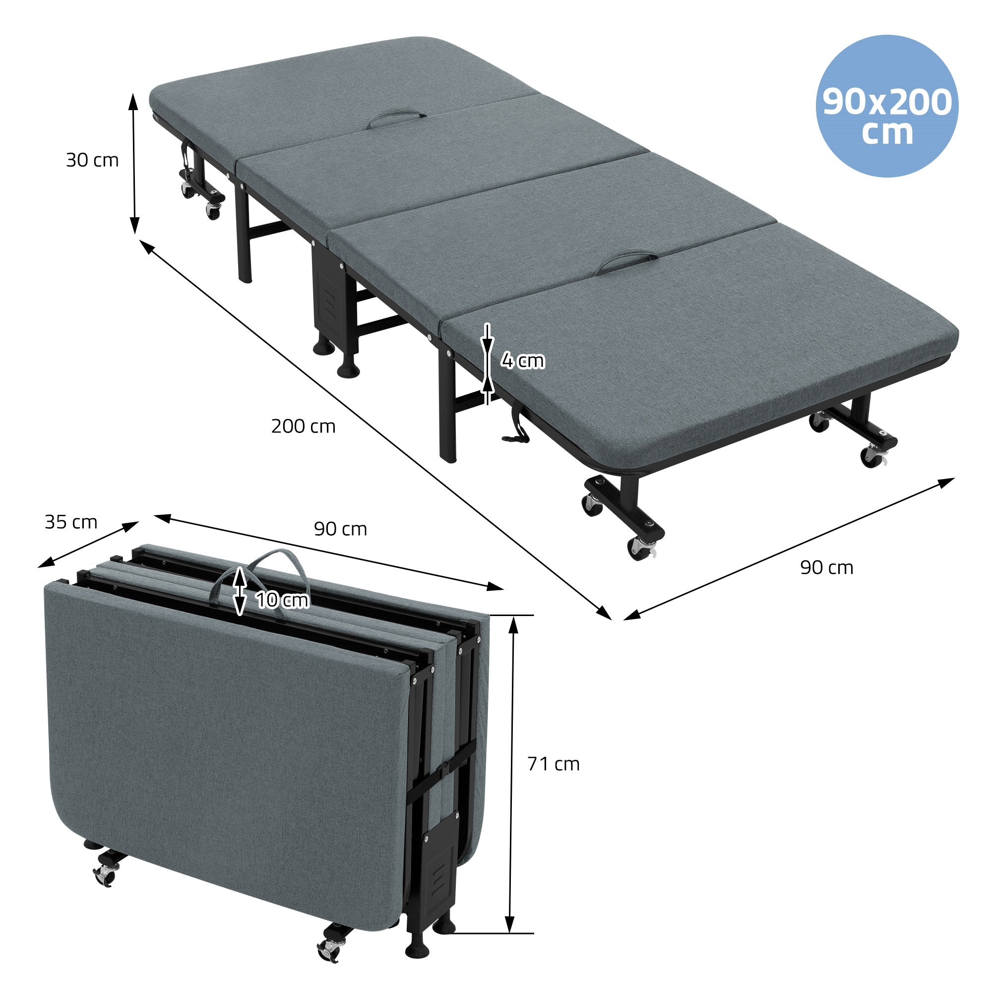 Foldbar seng med mål 90x200 cm, i grå, udfoldet og foldet.
