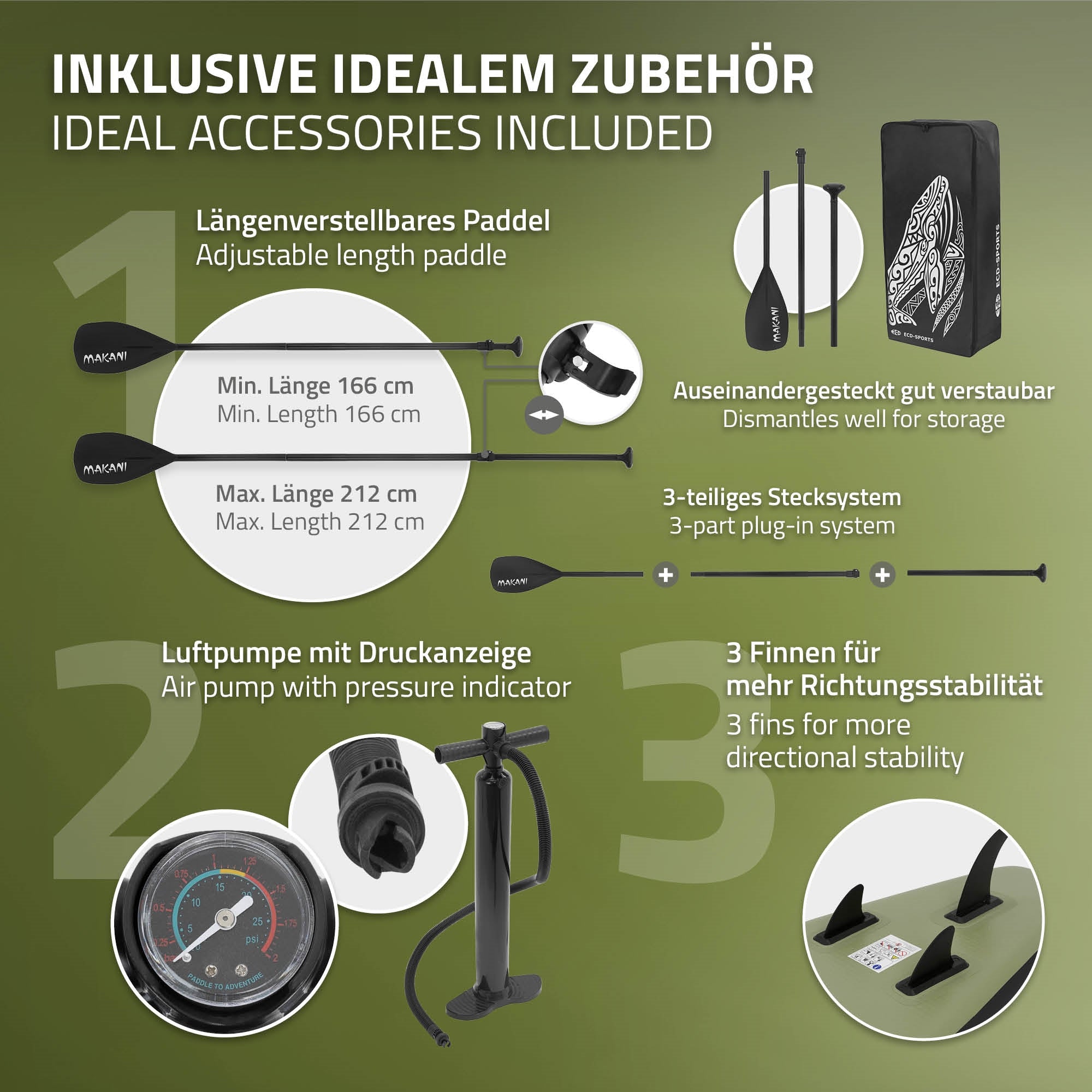 Graphic with accessory description for the stand-up paddle board.
