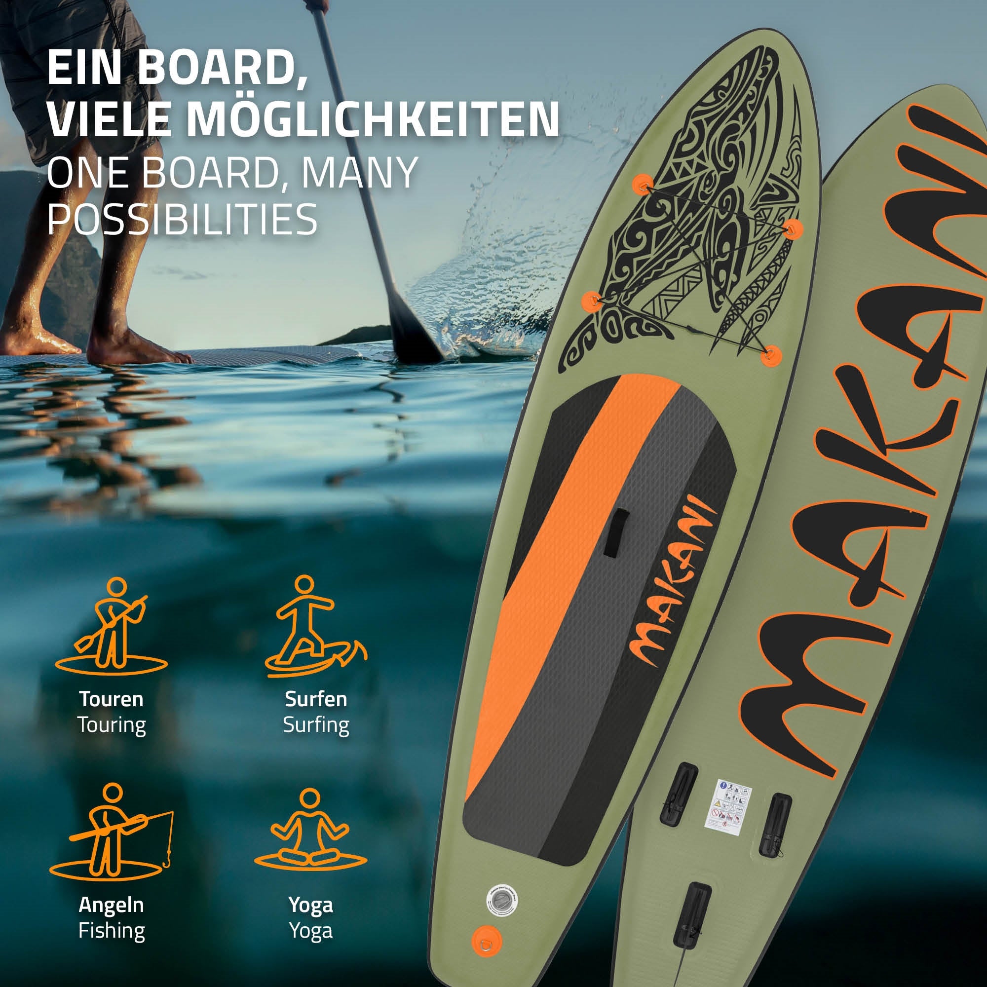 Two stand-up paddle boards with usage options such as fishing and yoga.