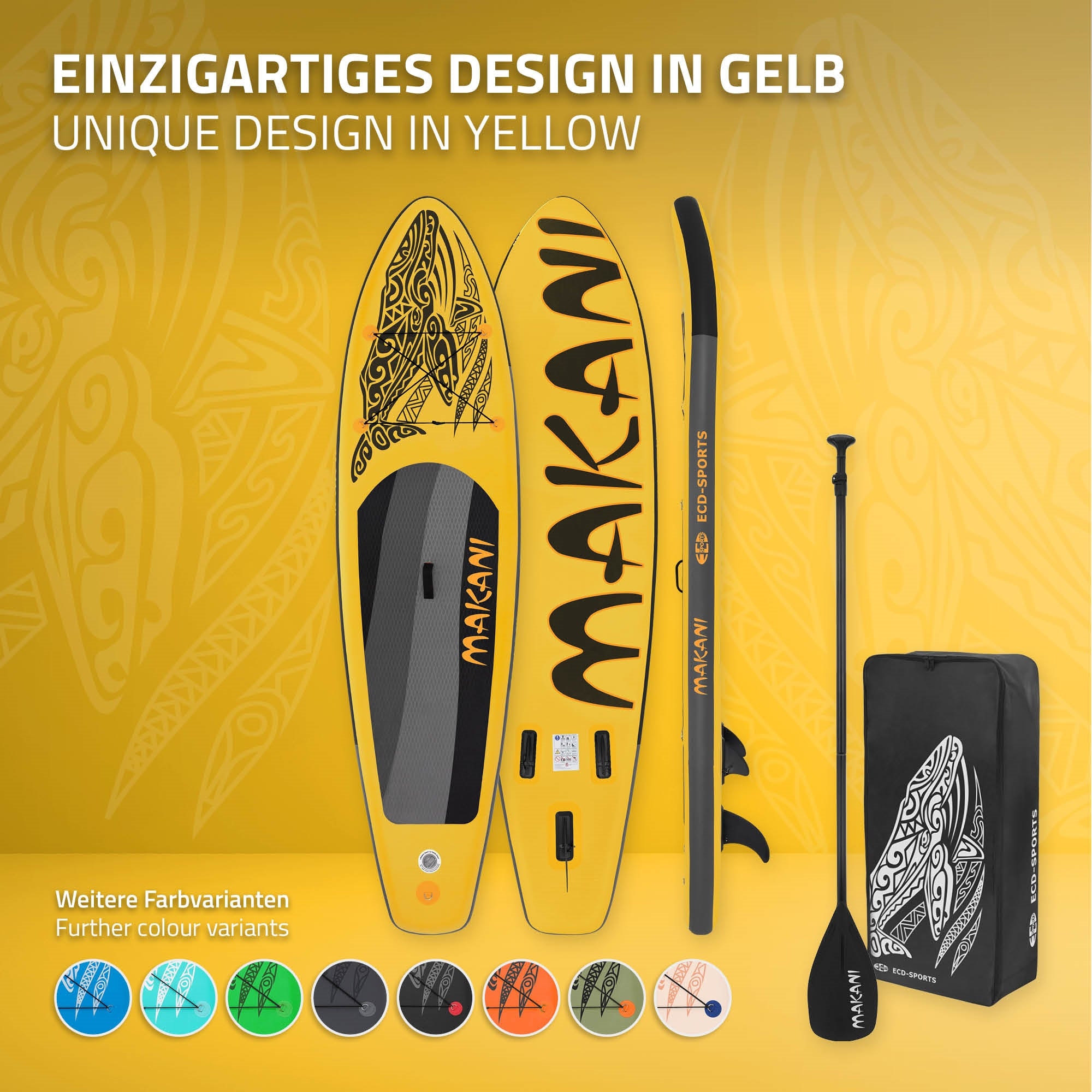 Sárga Stand Up Paddle Board grafikai dizájnnal és kiegészítőkkel világos háttéren.