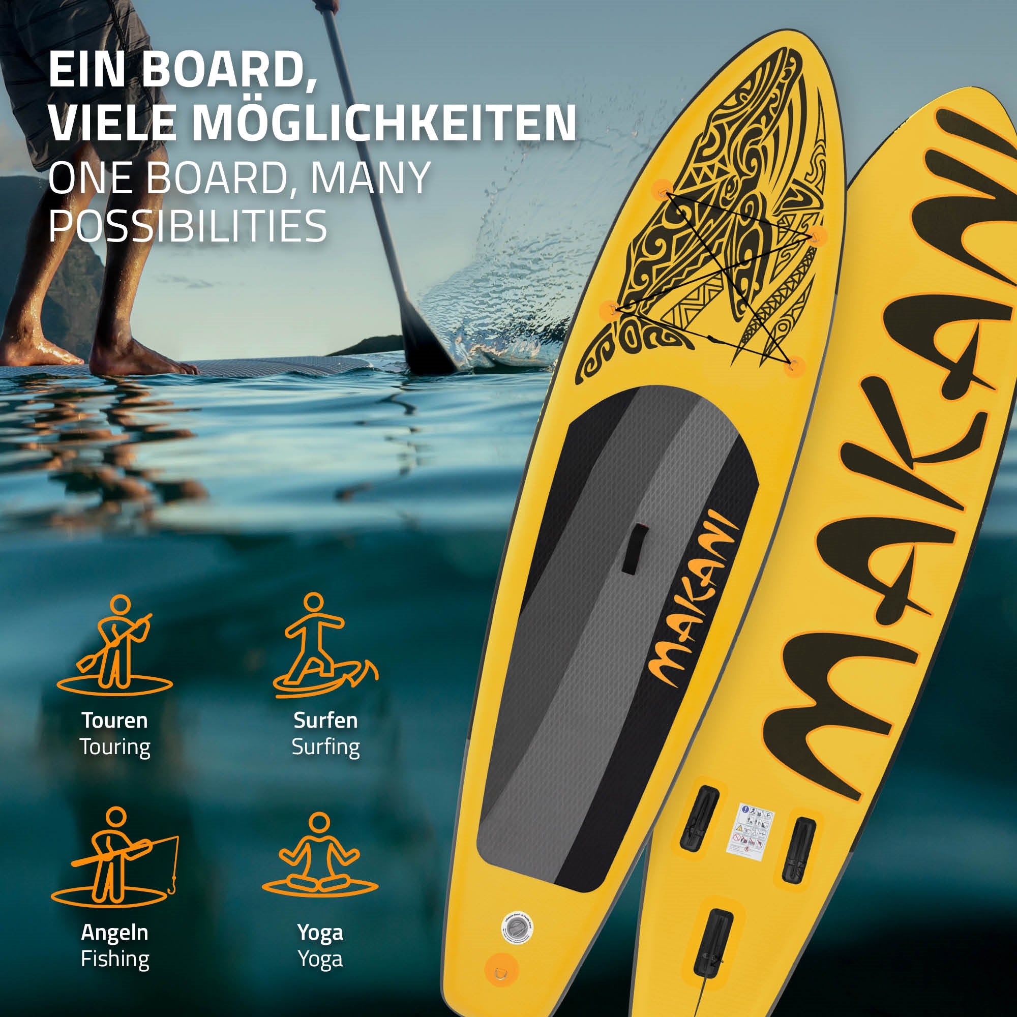 Stand-Up-Paddleboard a vízben, különböző használati lehetőségeket jelző szimbólumokkal.