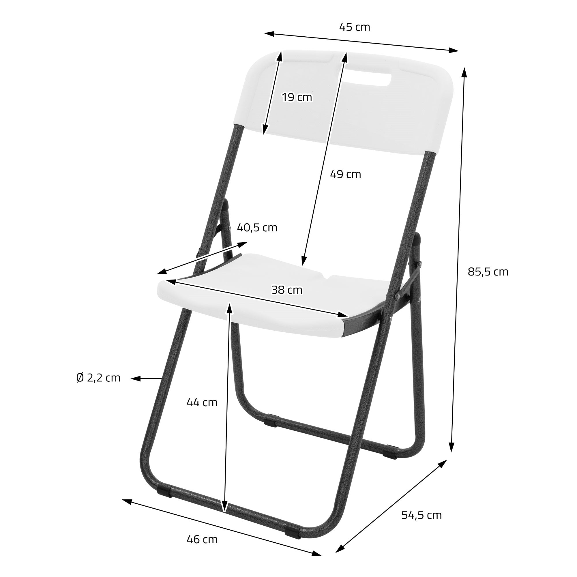 Faltstuhl mit Maßen: Höhe 85,5 cm, Breite 46 cm, Tiefe 44 cm, Sitzhöhe 40,5 cm.