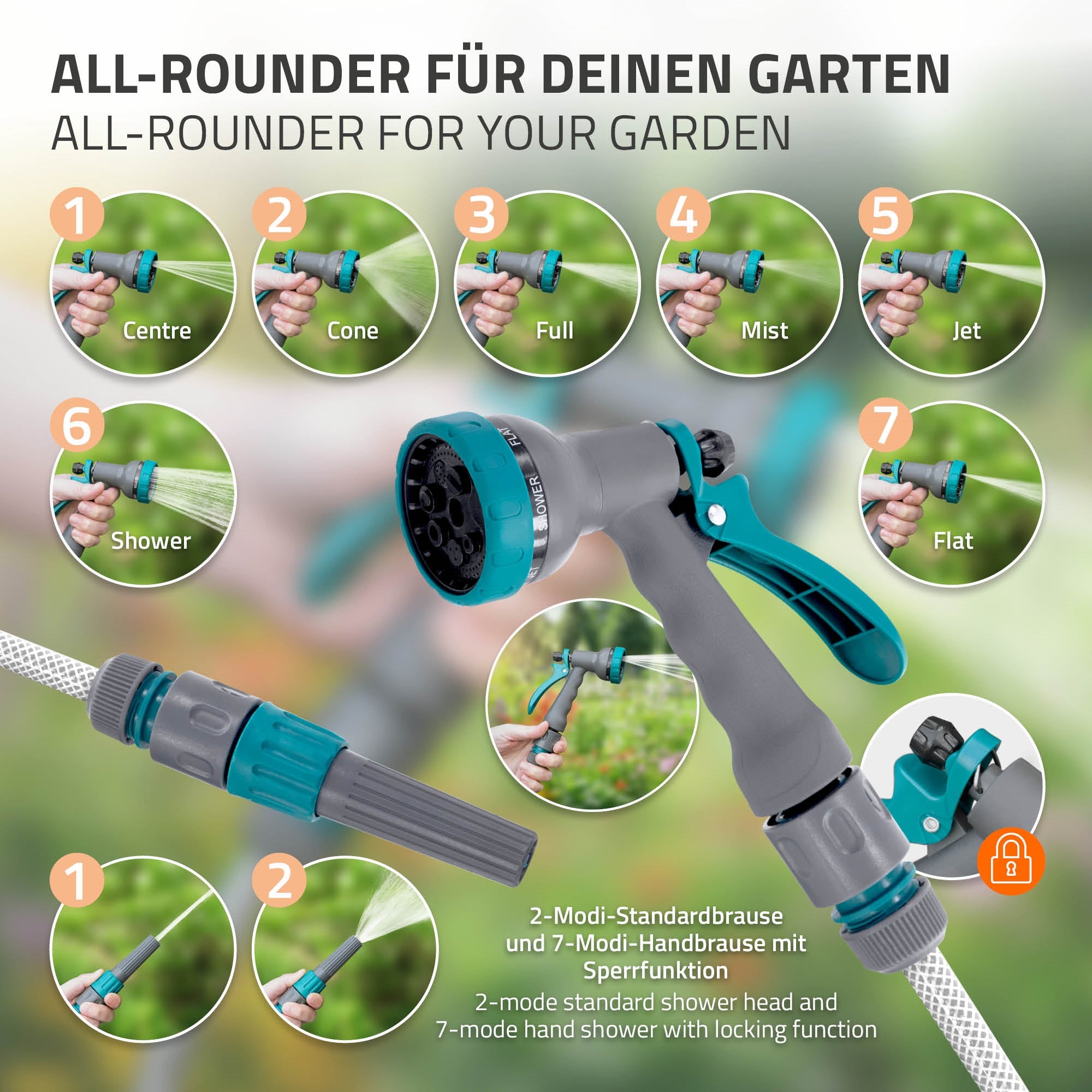 Grafik mit verschiedenen Düsen für eine Gartenspritze.