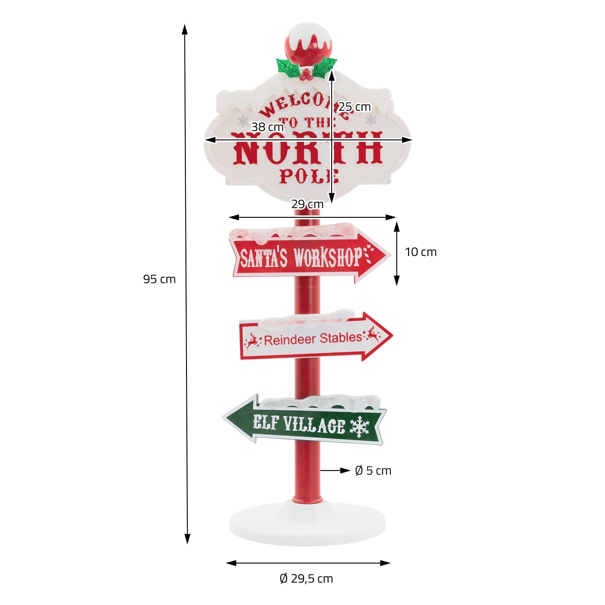 Schild mit Richtungspfeilen zum Nordpol, Santa's Werkstatt und Elfen-Dorf.
