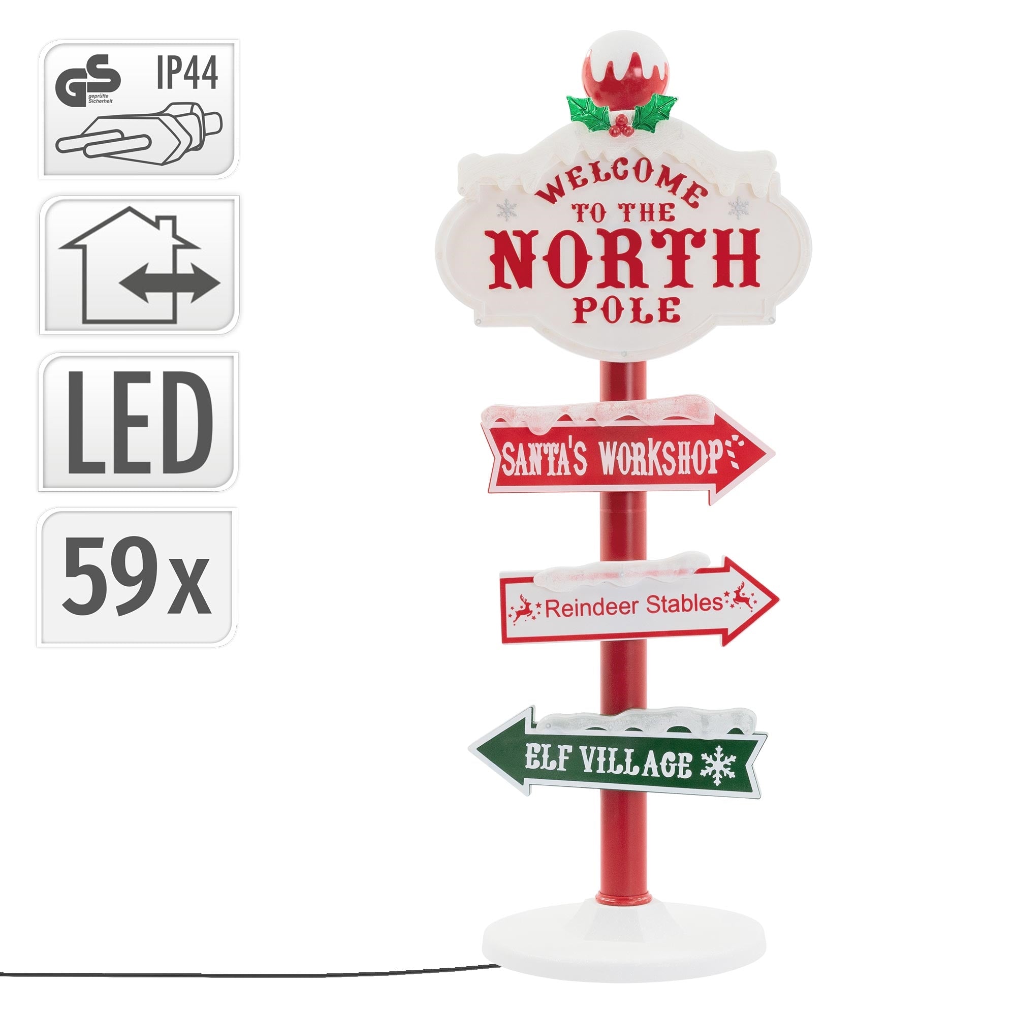 Schild mit Richtungspfeilen zum Nordpol, LED-Beleuchtung, Maße angegeben.