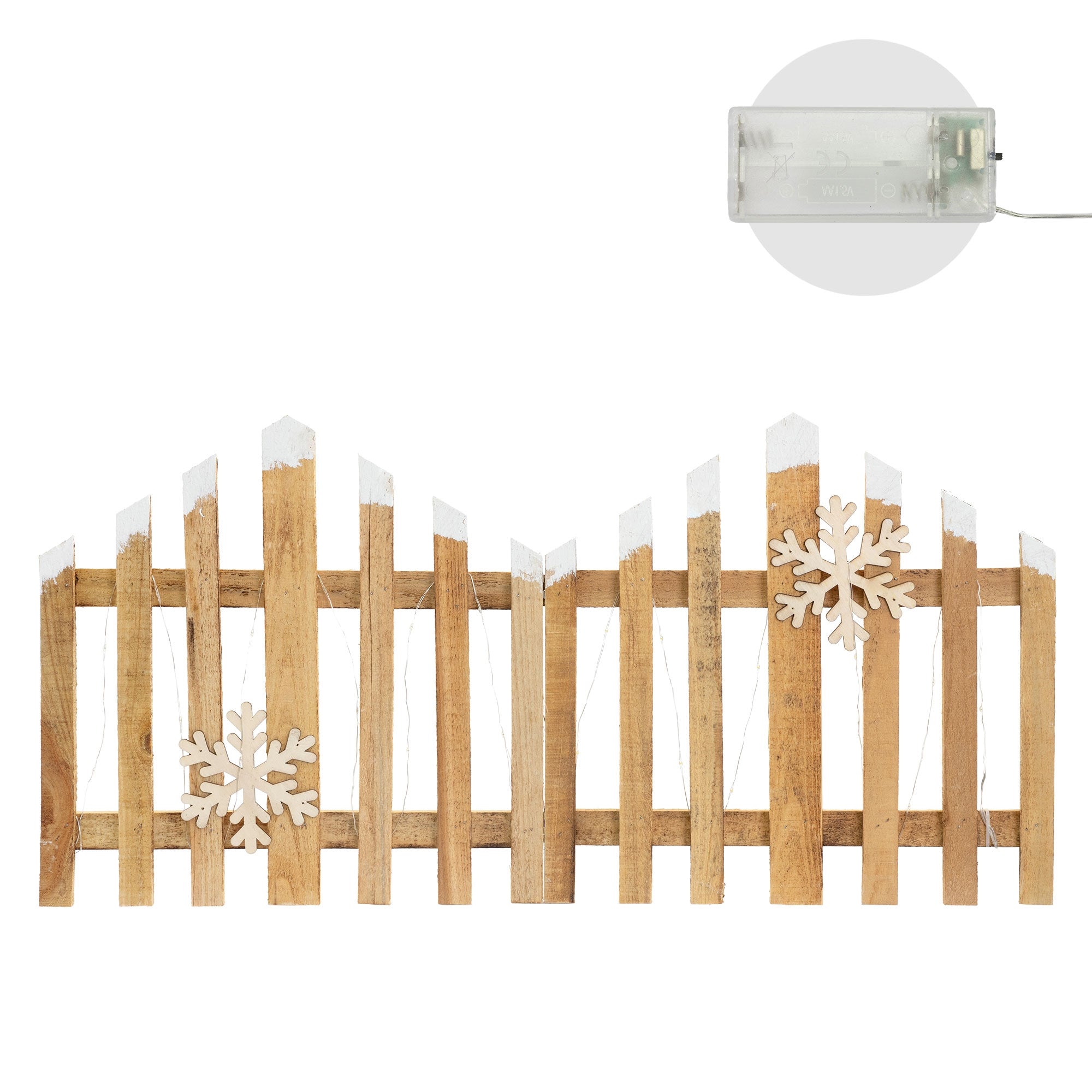 Houten hek met witte punten en sneeuwvlokken, op de achtergrond een transparant apparaat.