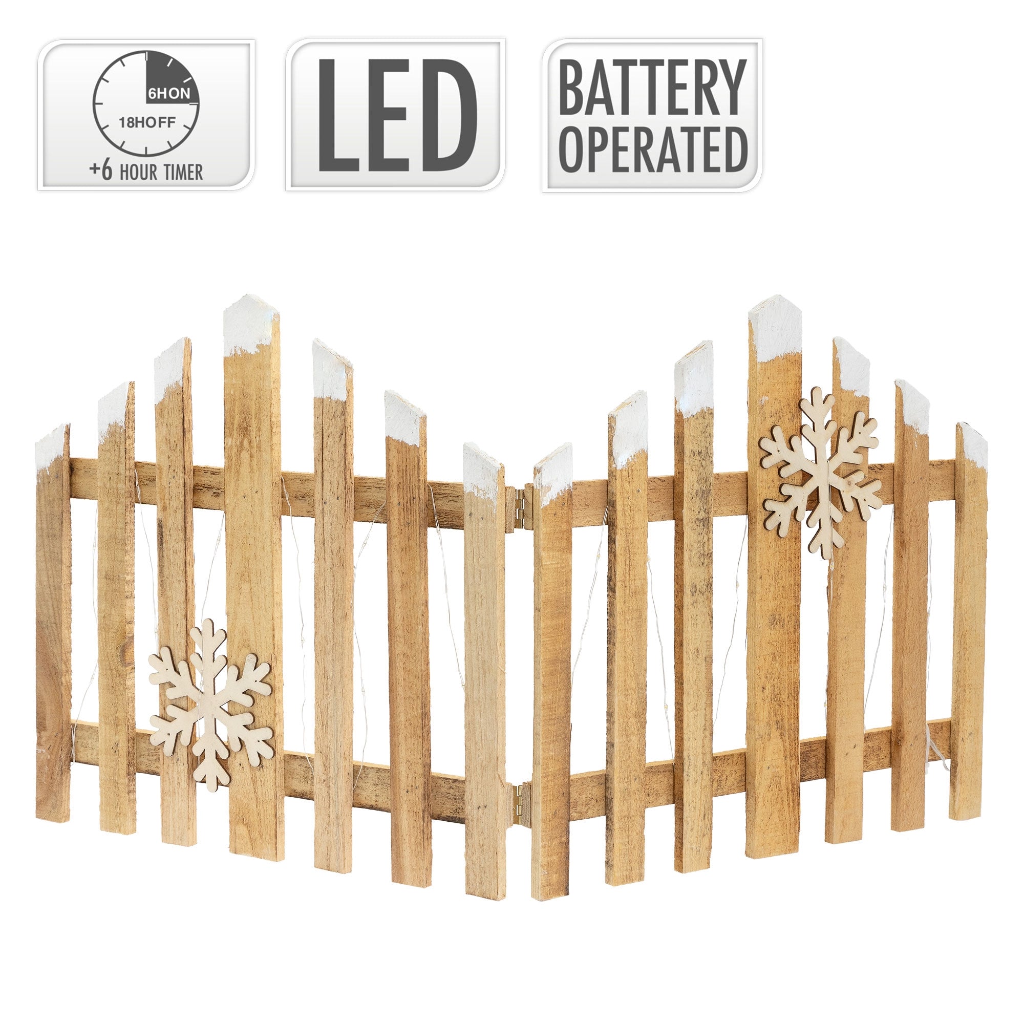 Houten hek met sneeuwvlokken en LED-verlichting.