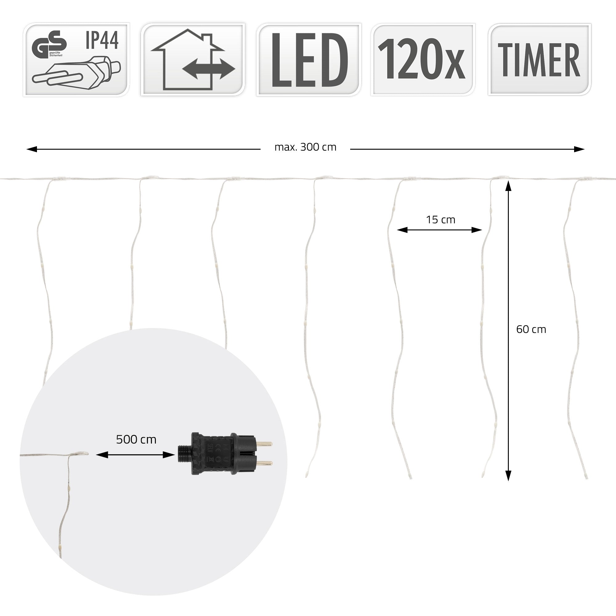 LED-Lichterkette mit 120 Lichtern, max. 300 cm, Timer, IP44, Maße 15 cm und 60 cm.