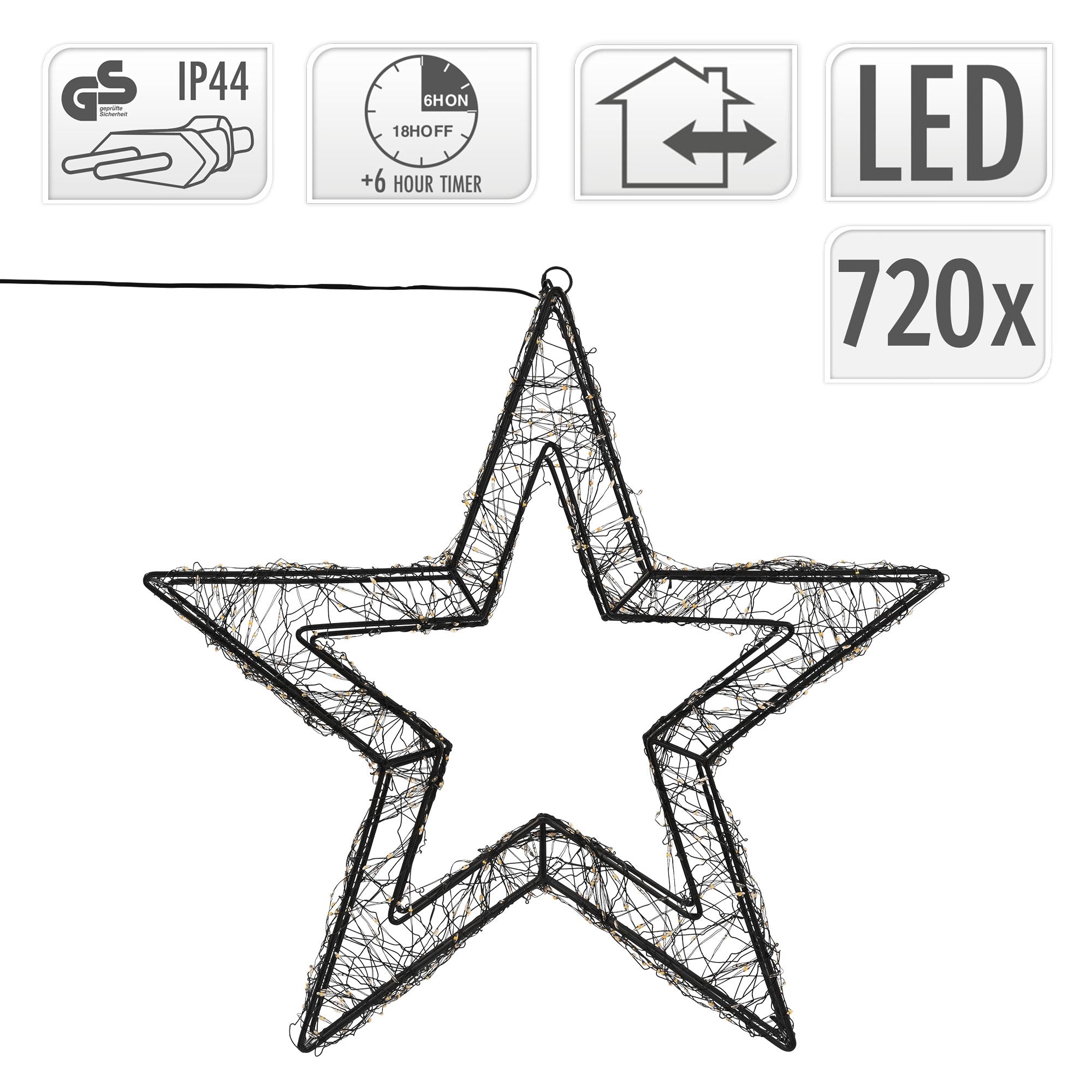 Lähikuva LED-tähdestä teknisine tietoineen ja mittoineen.
