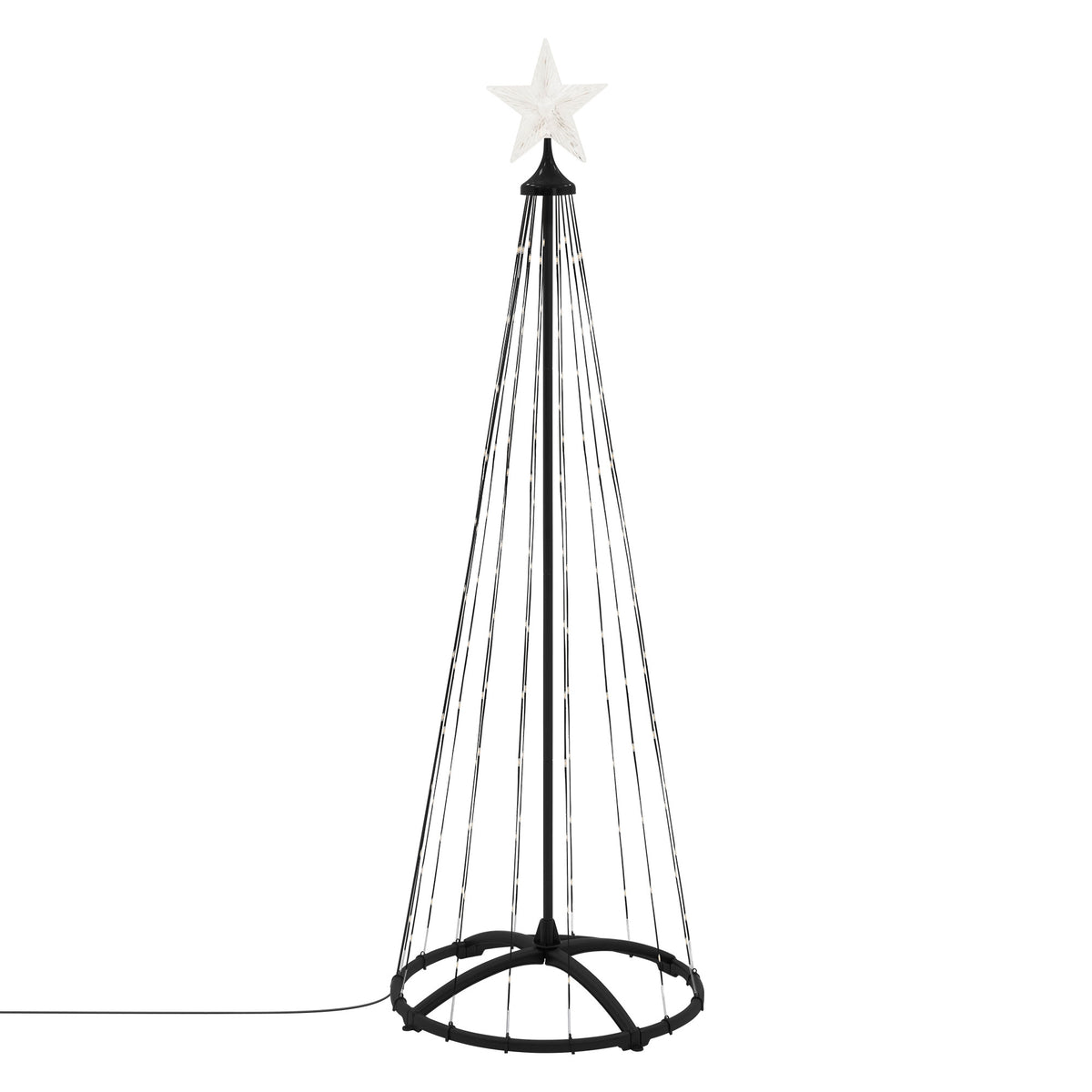 Schwarz-weißer Weihnachtsbaum mit Stern an der Spitze.