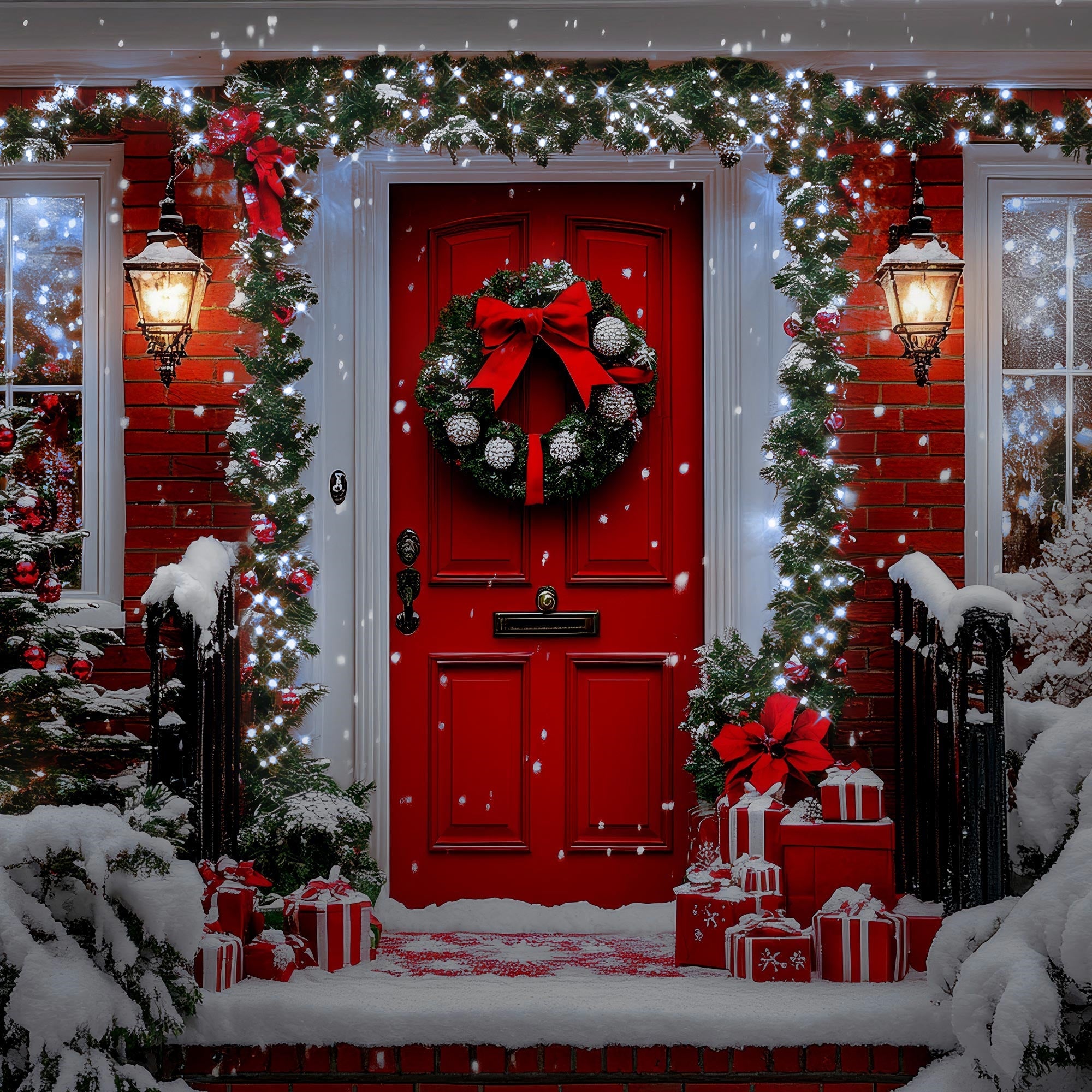 Egy ünnepélyesen díszített bejárat hóval, ajándékokkal és egy koszorúval.