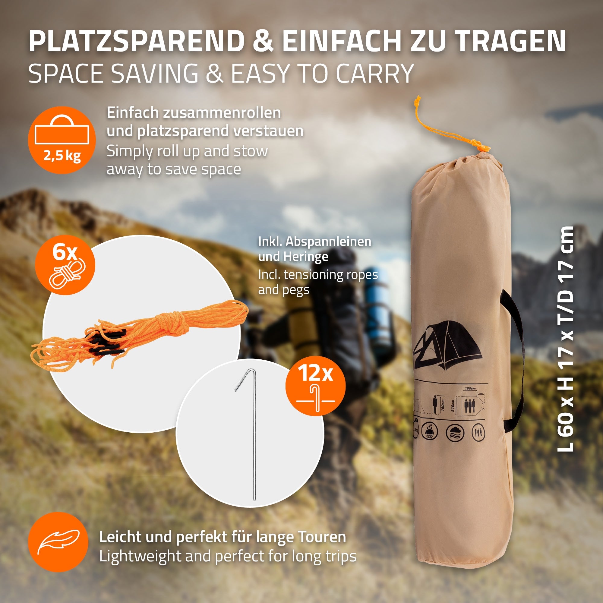 Tragetasche für Campingzubehör mit Schnüren und Heringen, leicht und platzsparend.