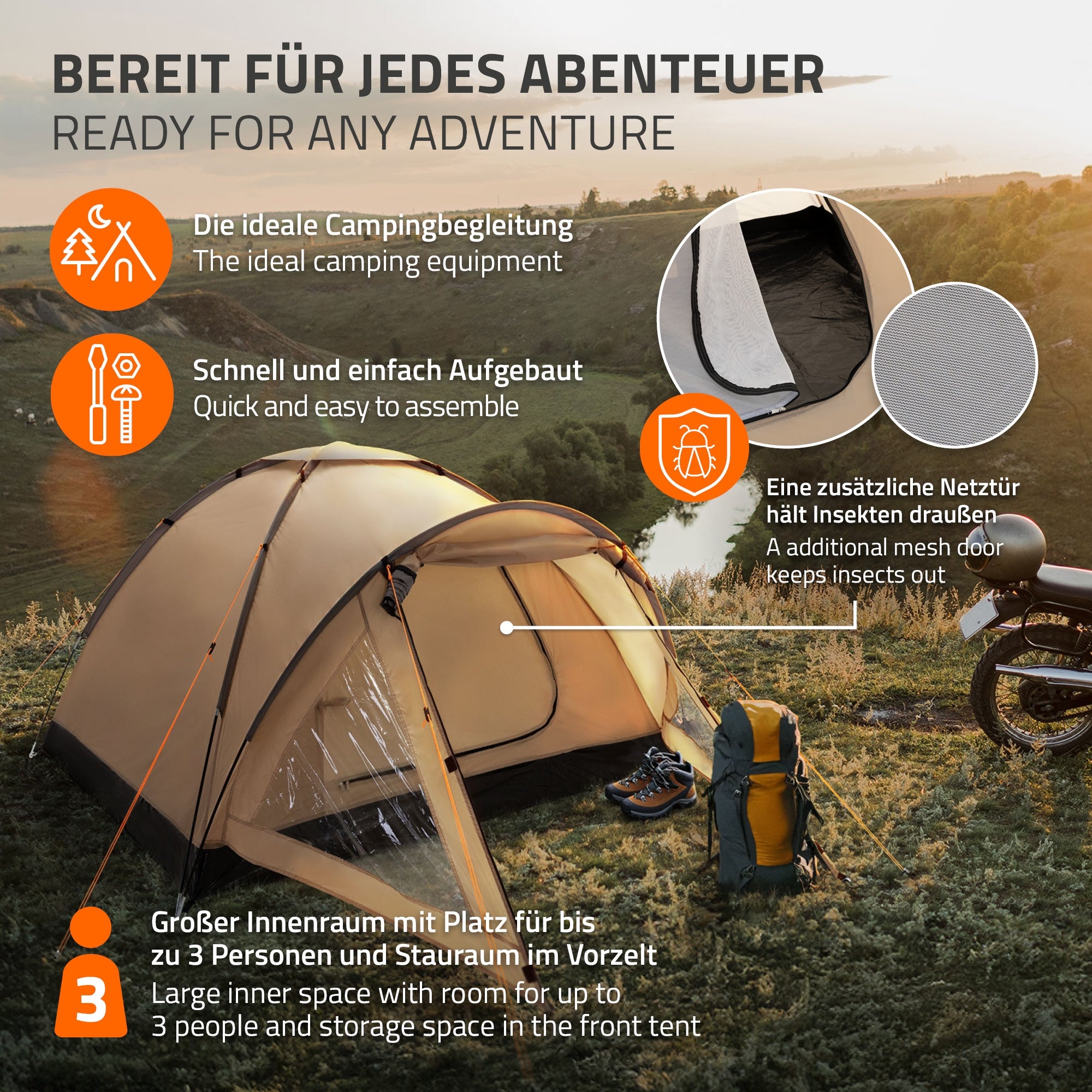 Ein Zelt in der Natur mit Rucksack und zusätzlichem Insektenschutznetz.