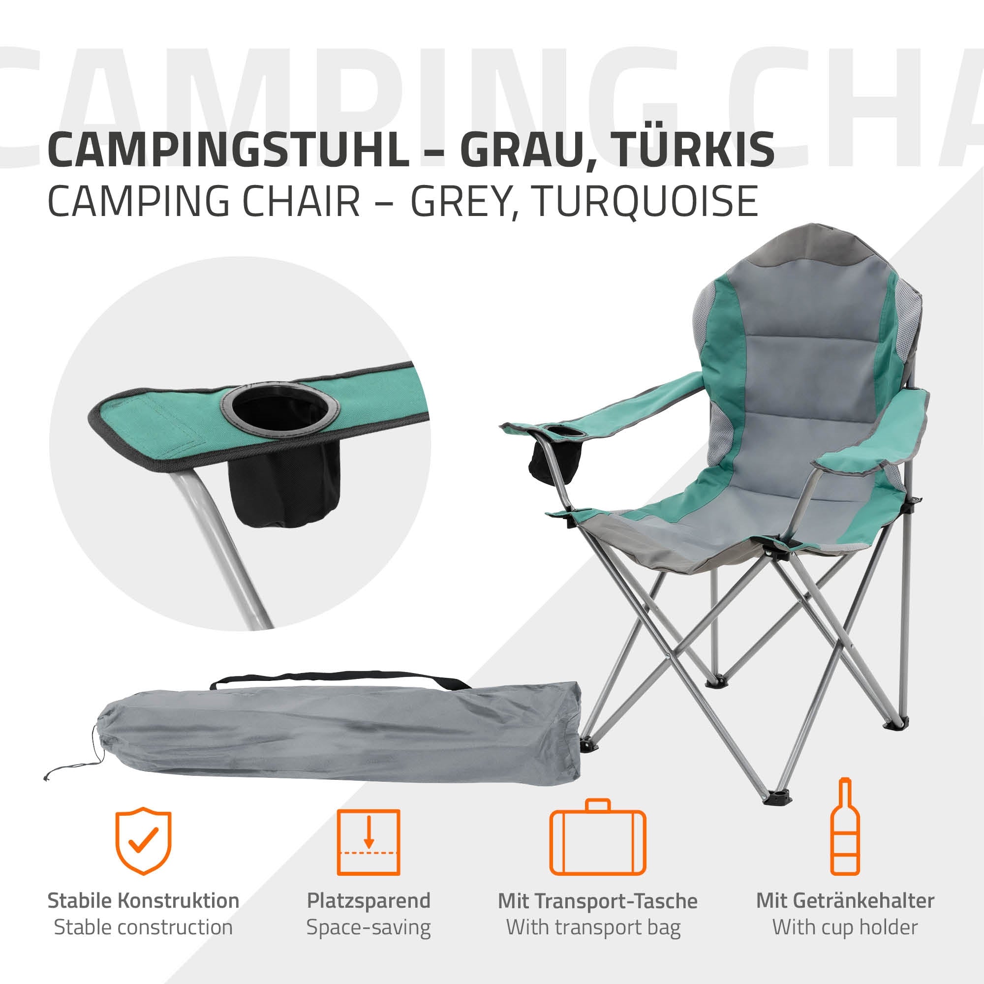 Campingstuhl in Grau und Türkis mit Getränkehalter und stabiler Konstruktion.