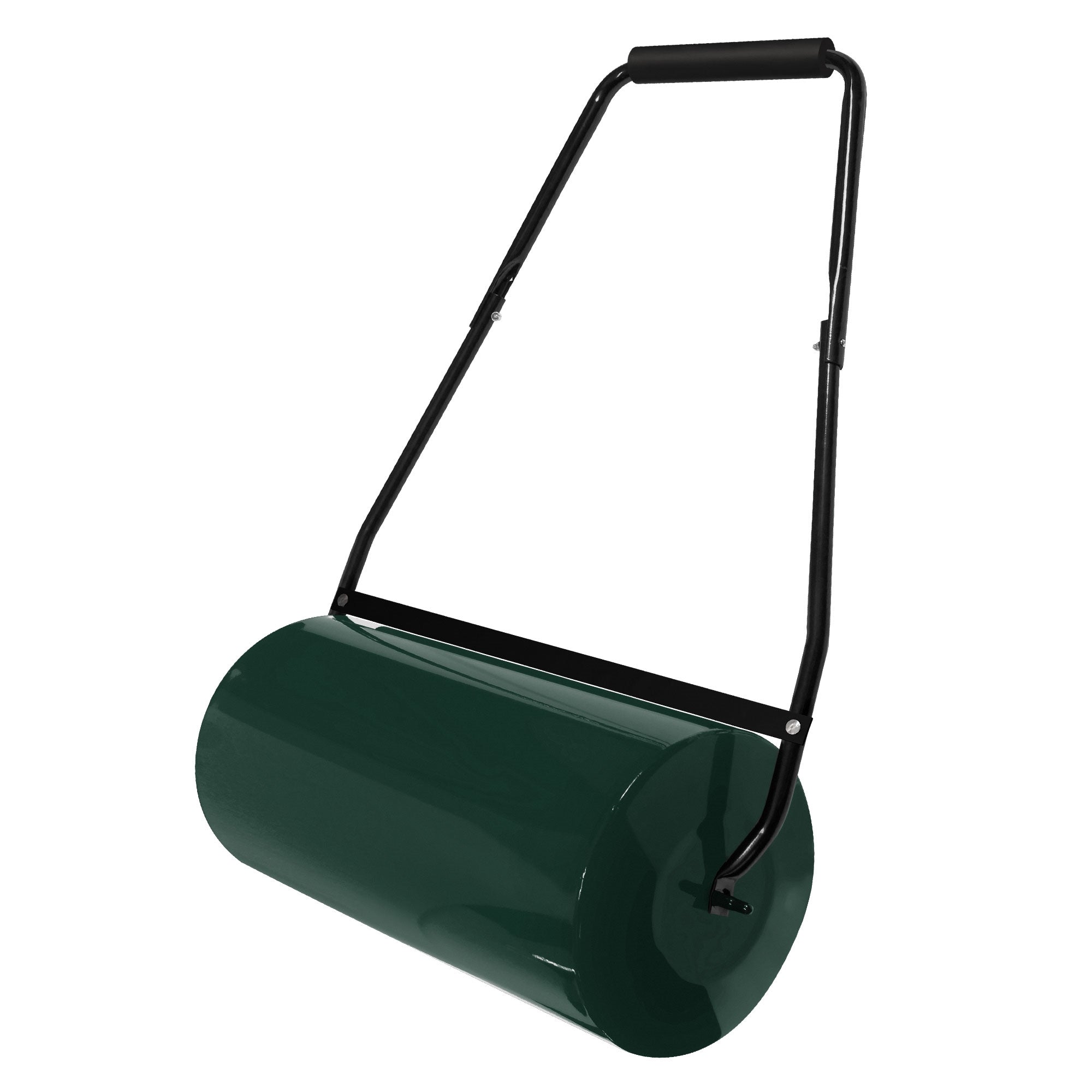 Rullo per prato verde con manico nero su sfondo bianco.