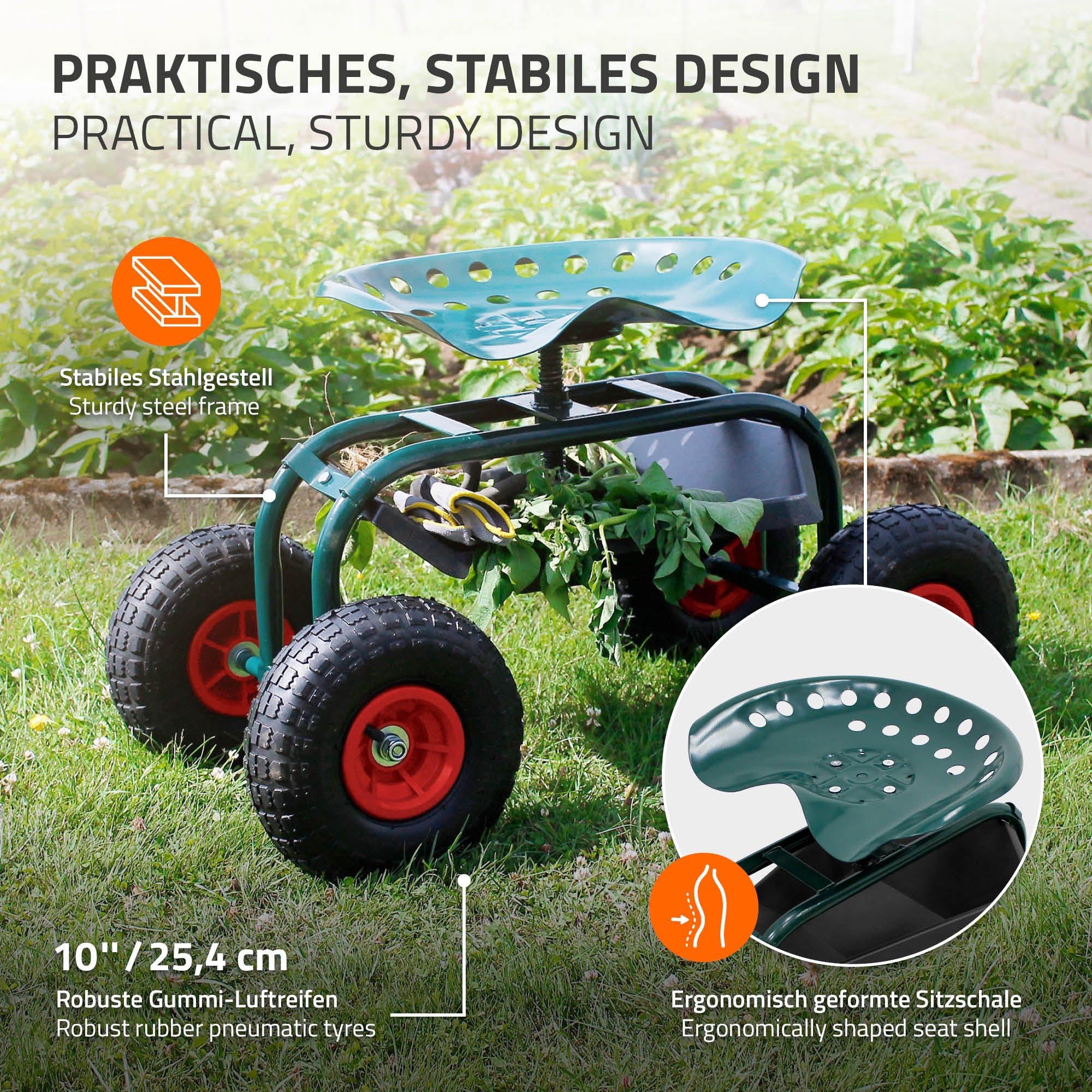 Gartenstuhl mit robustem Stahlrahmen und ergonomischer Sitzschale.
