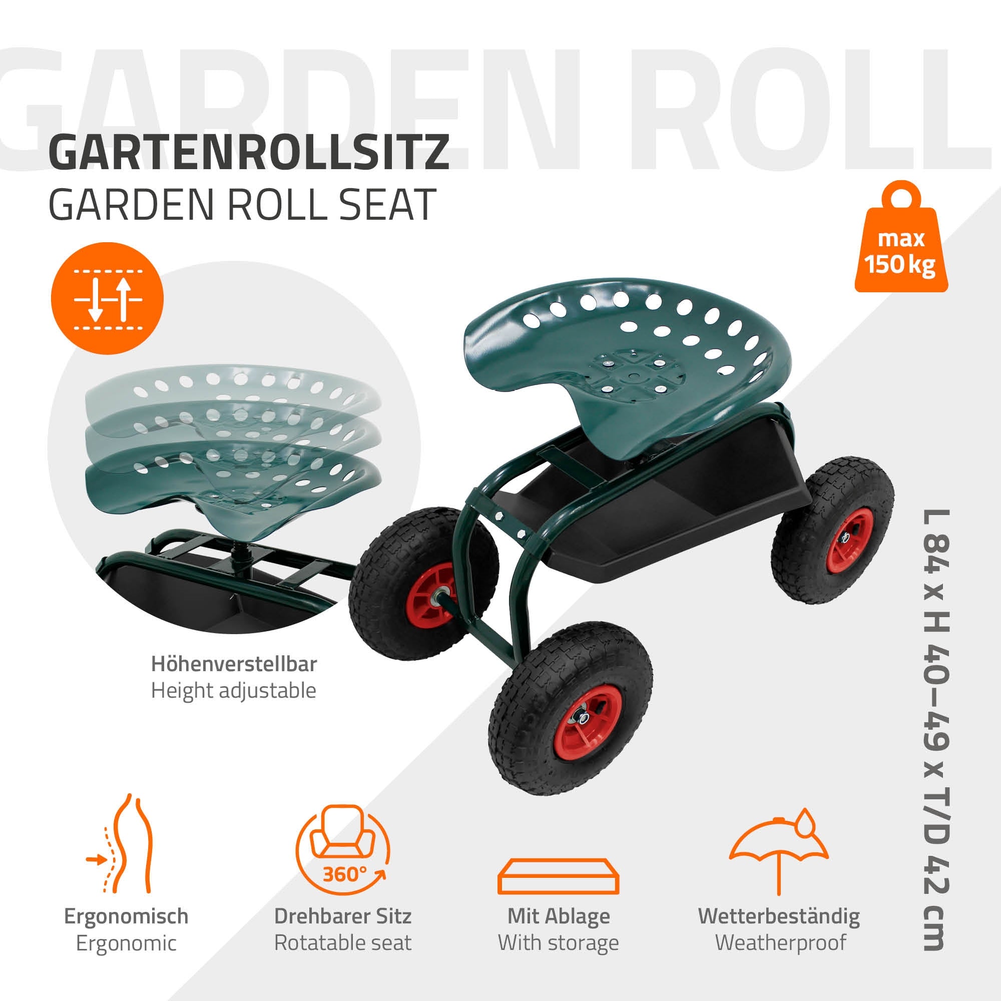 Tuinrolstoel met ergonomische zitting, in hoogte verstelbaar en draaibaar.