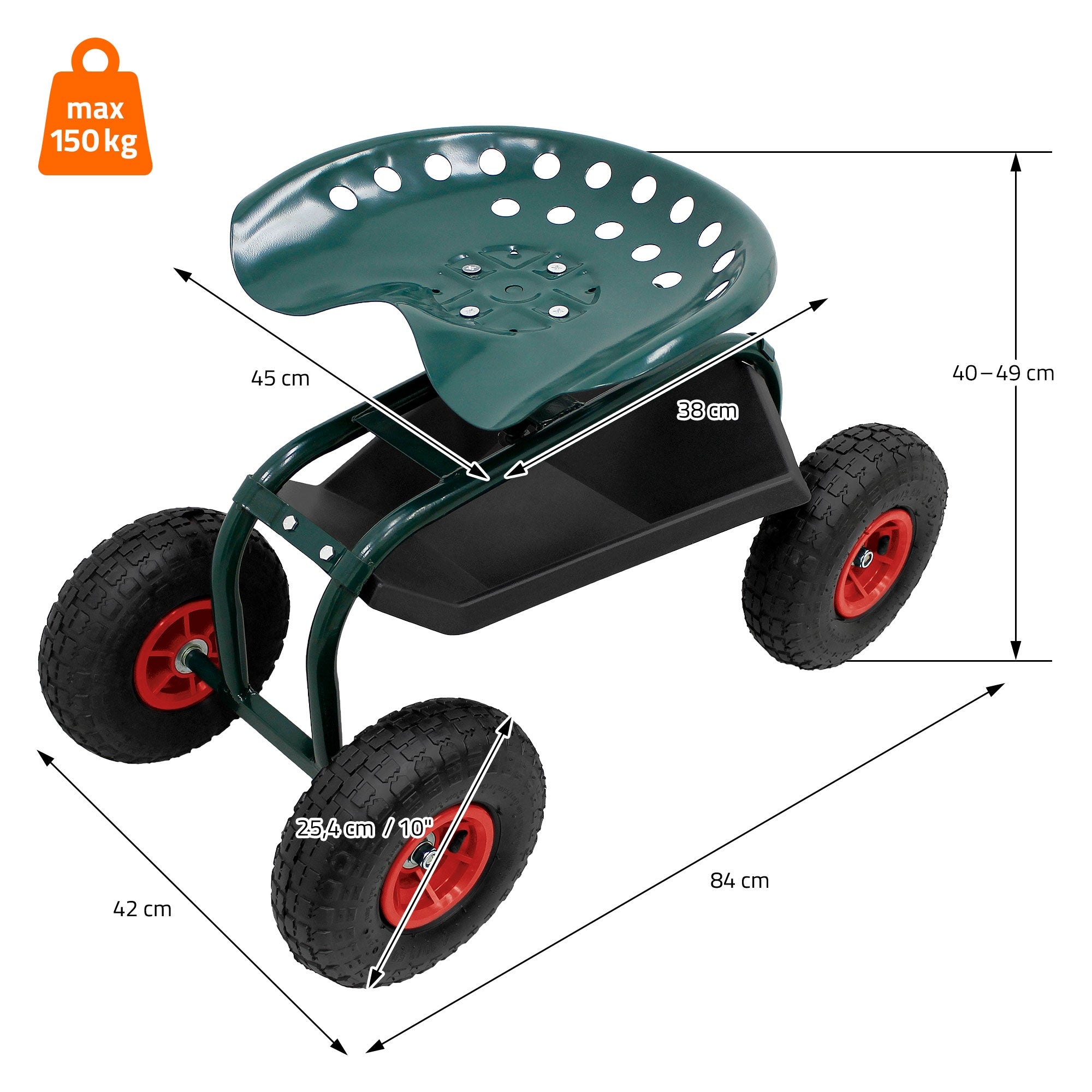 Groene tuinstoel op wielen met afmetingen en draagkracht van 150 kg.