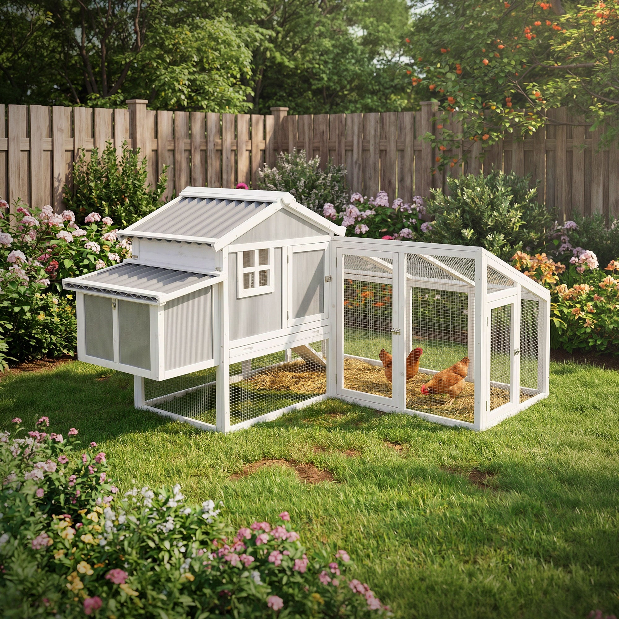 Casa de gallinas con gallinas al aire libre, rodeada de flores.