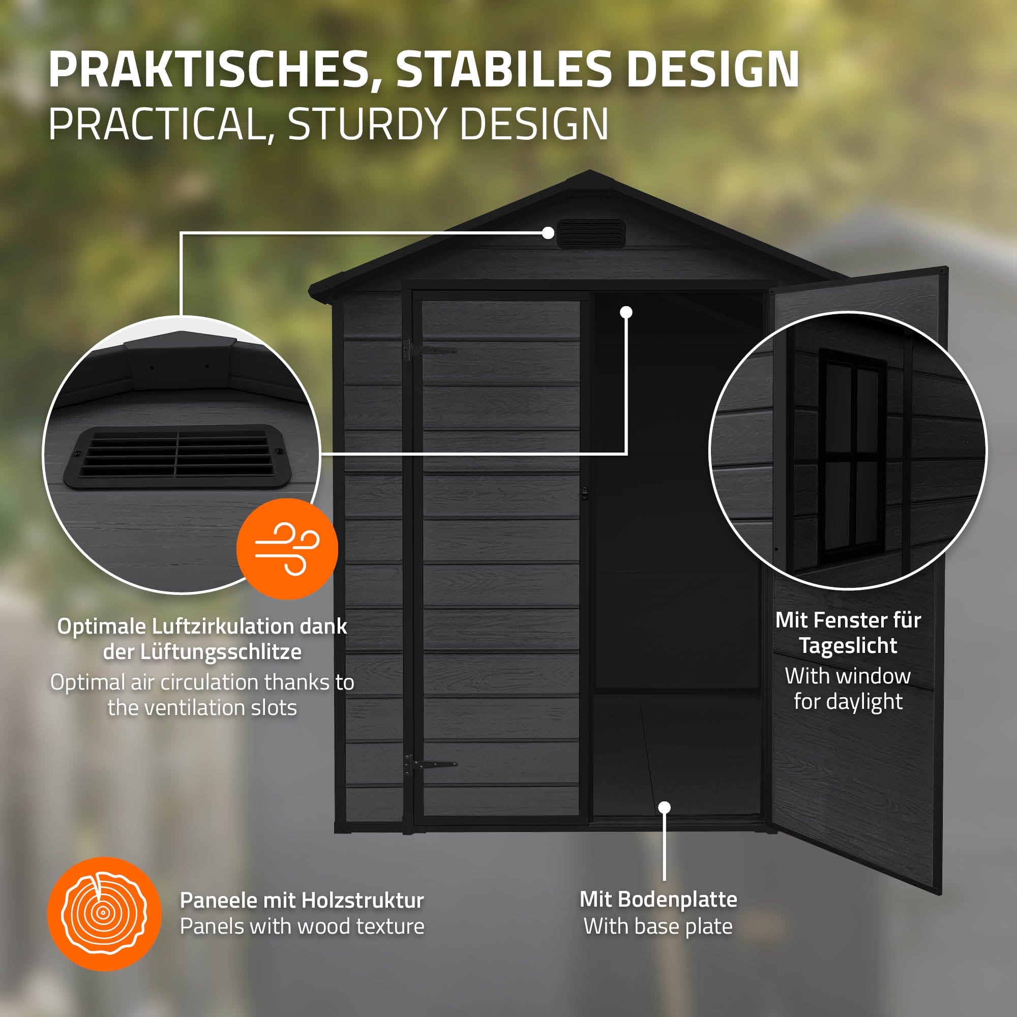 Stabiel ontwerp van een tuinhuis met raam en ventilatiesleuven.