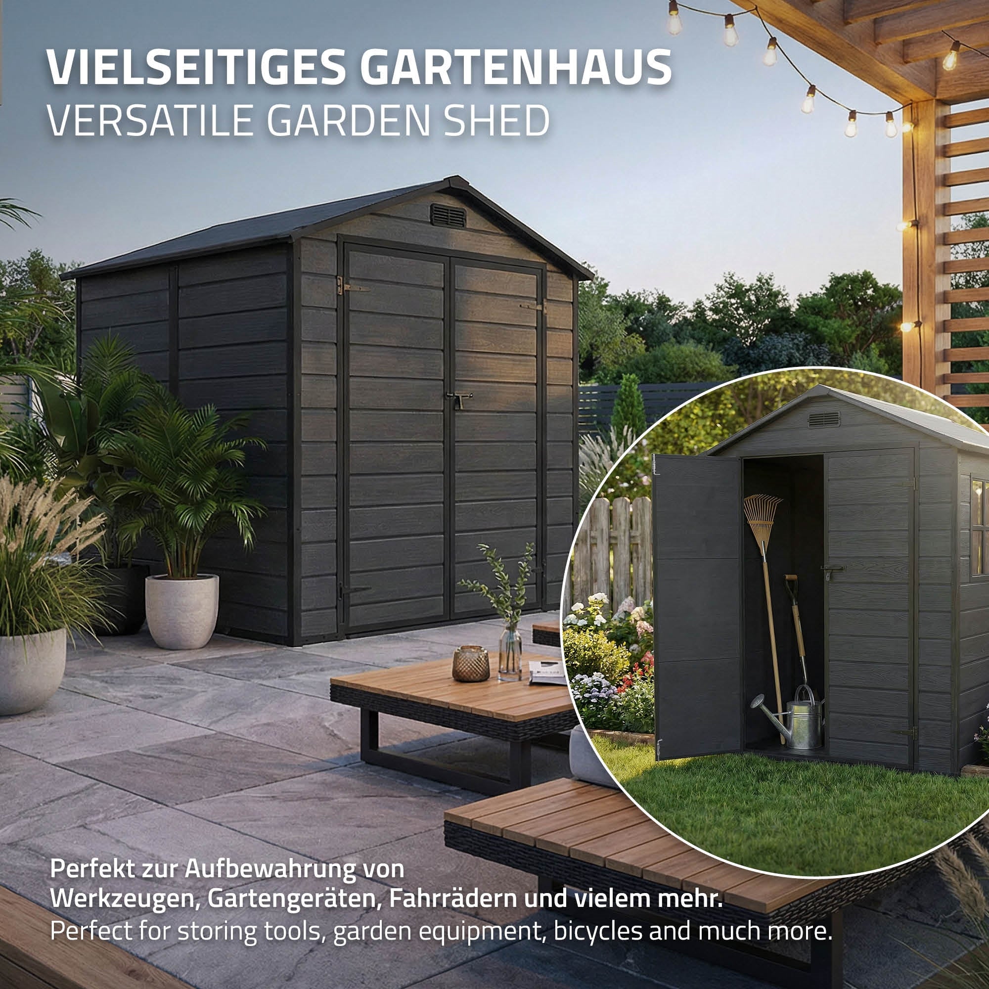 Een houten tuinhuis met een open ruimte voor het opslaan van gereedschap en fietsen.
