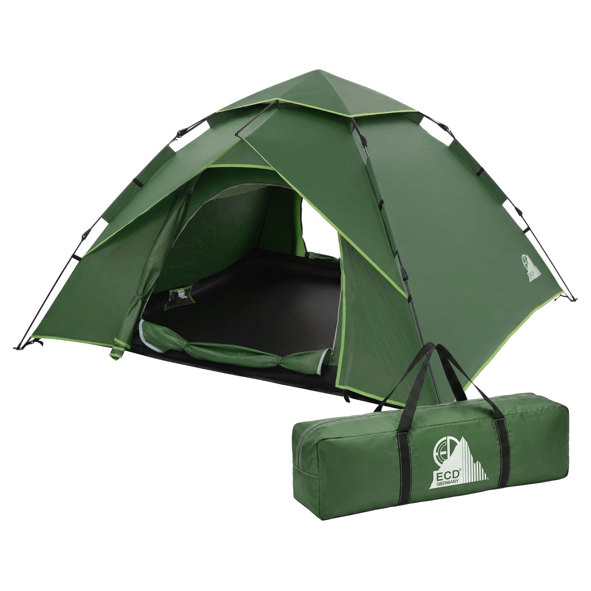 Imagen de una tienda verde con una bolsa de transporte en primer plano.
