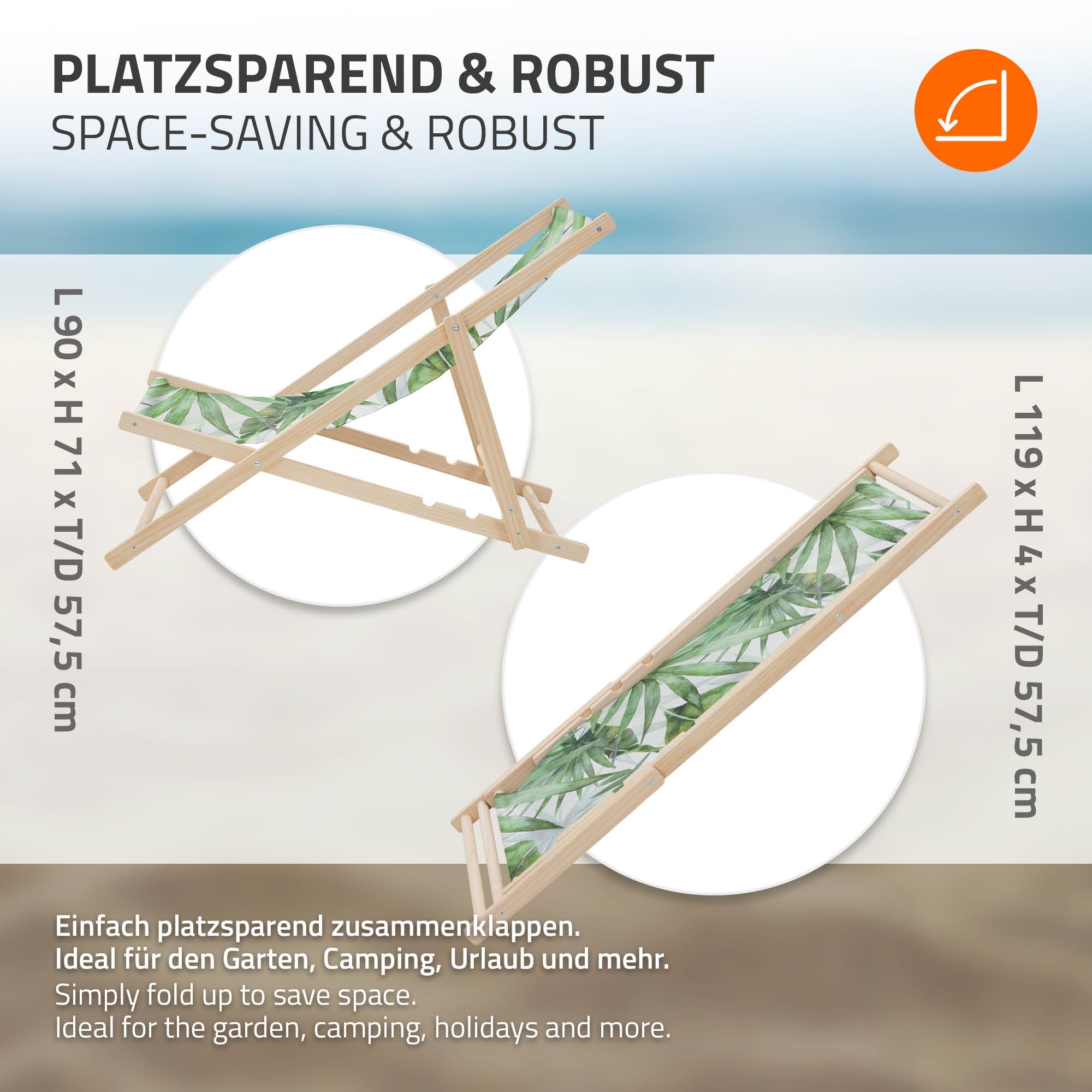Grafika egy napozóágyról, amely összecsukható és robusztus, méretekkel.