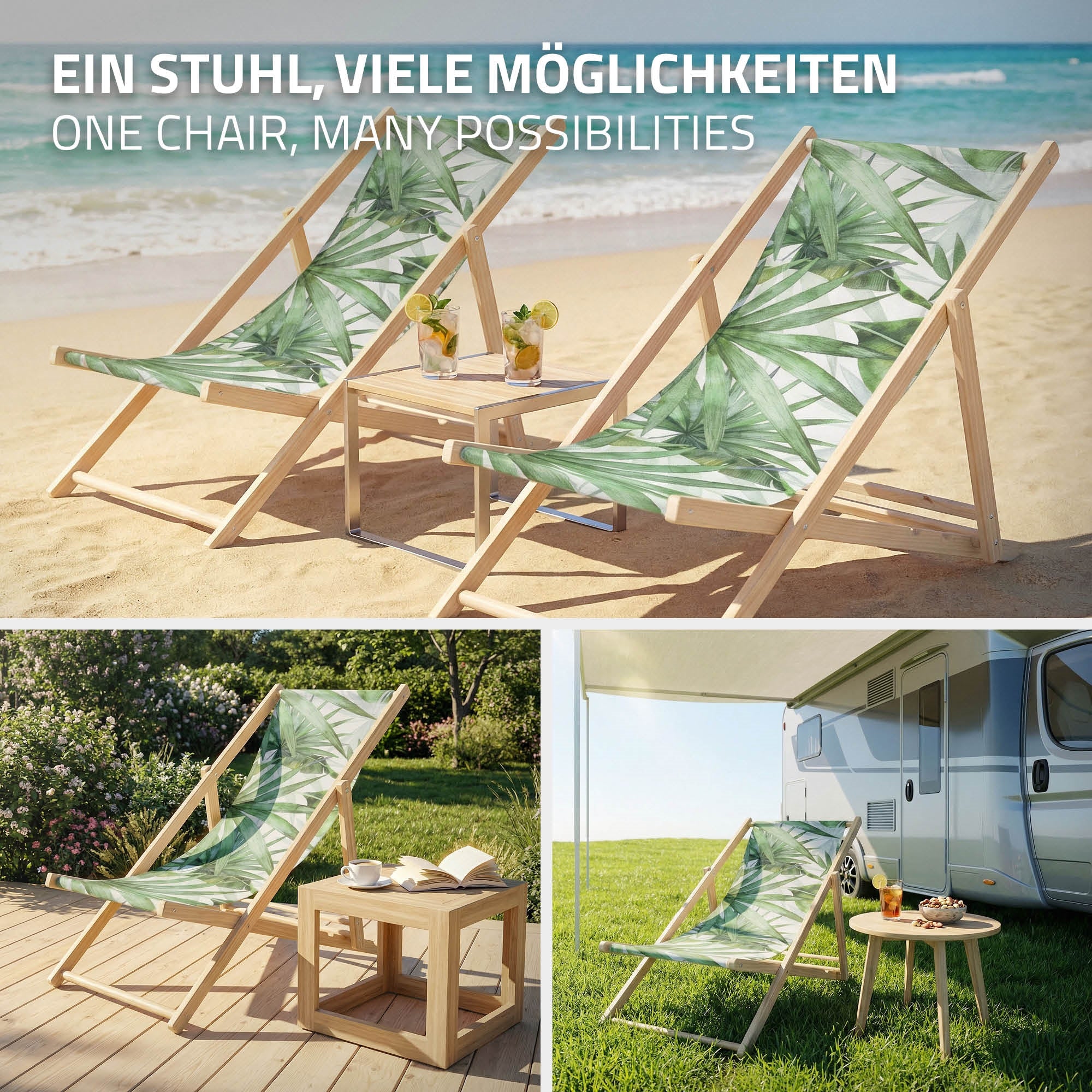 Két napozóágy növénymotívummal a strandon, asztal italokkal.