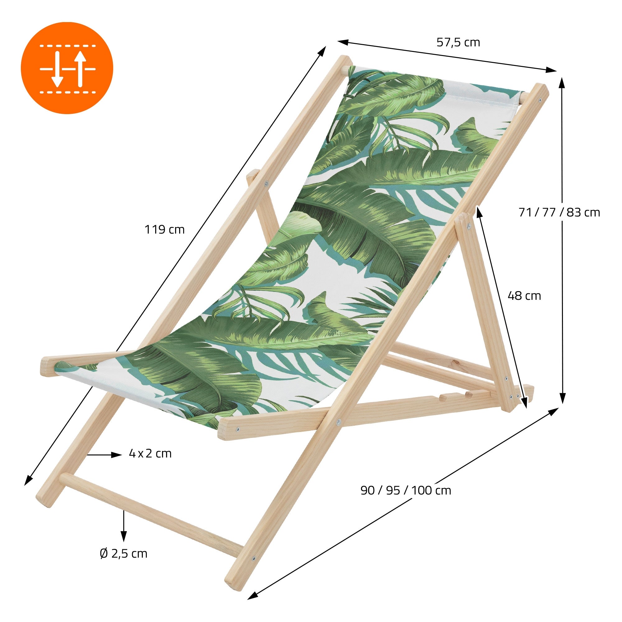 Silla con motivo de palmeras, medidas y estructura de madera sobre fondo blanco.