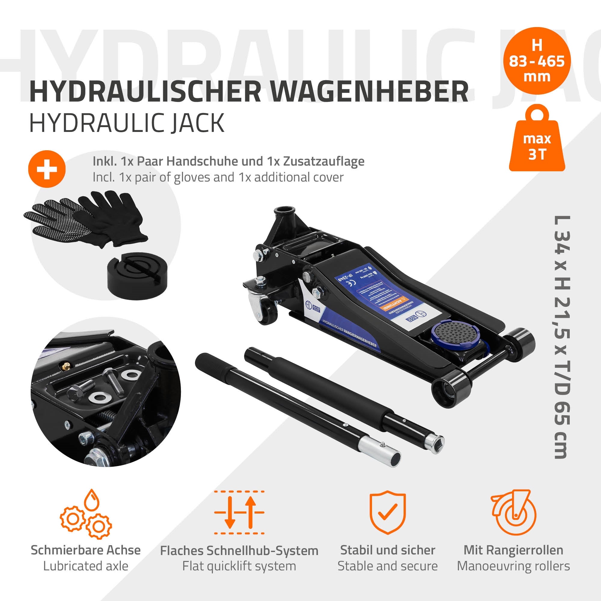Hydraulischer Wagenheber mit Zubehör und technischen Spezifikationen.