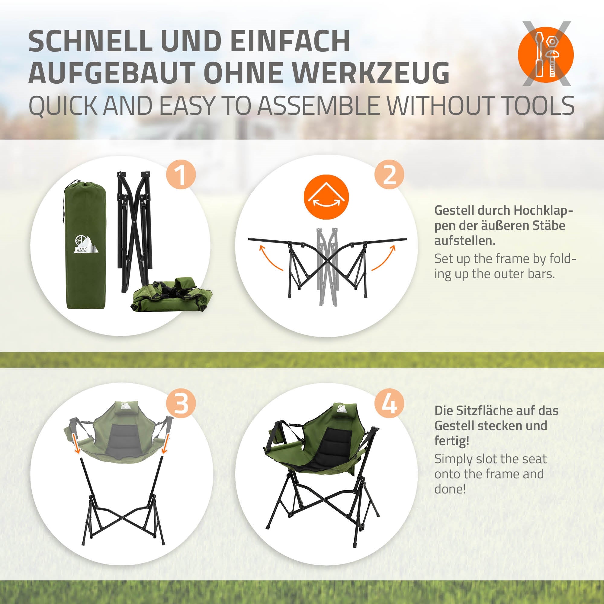 Anleitung zum Aufbau eines Klappstuhls ohne Werkzeug, Schritt-für-Schritt.