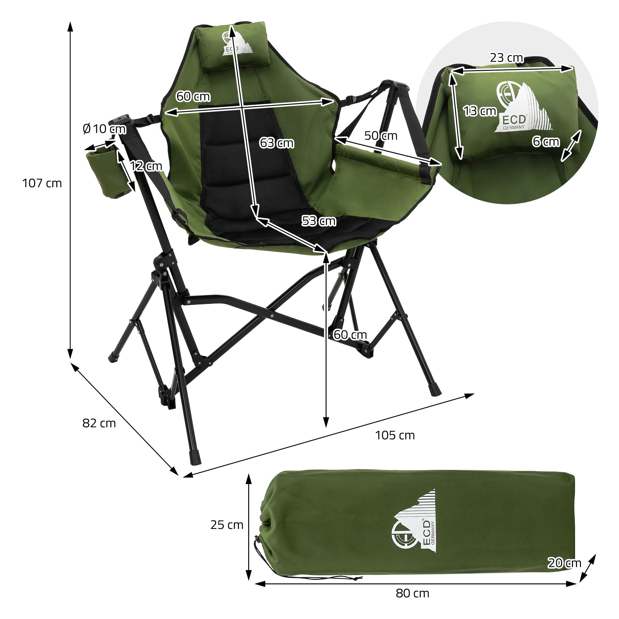 Maßzeichnung eines Campingstuhls mit Abmessungen und Logo.
