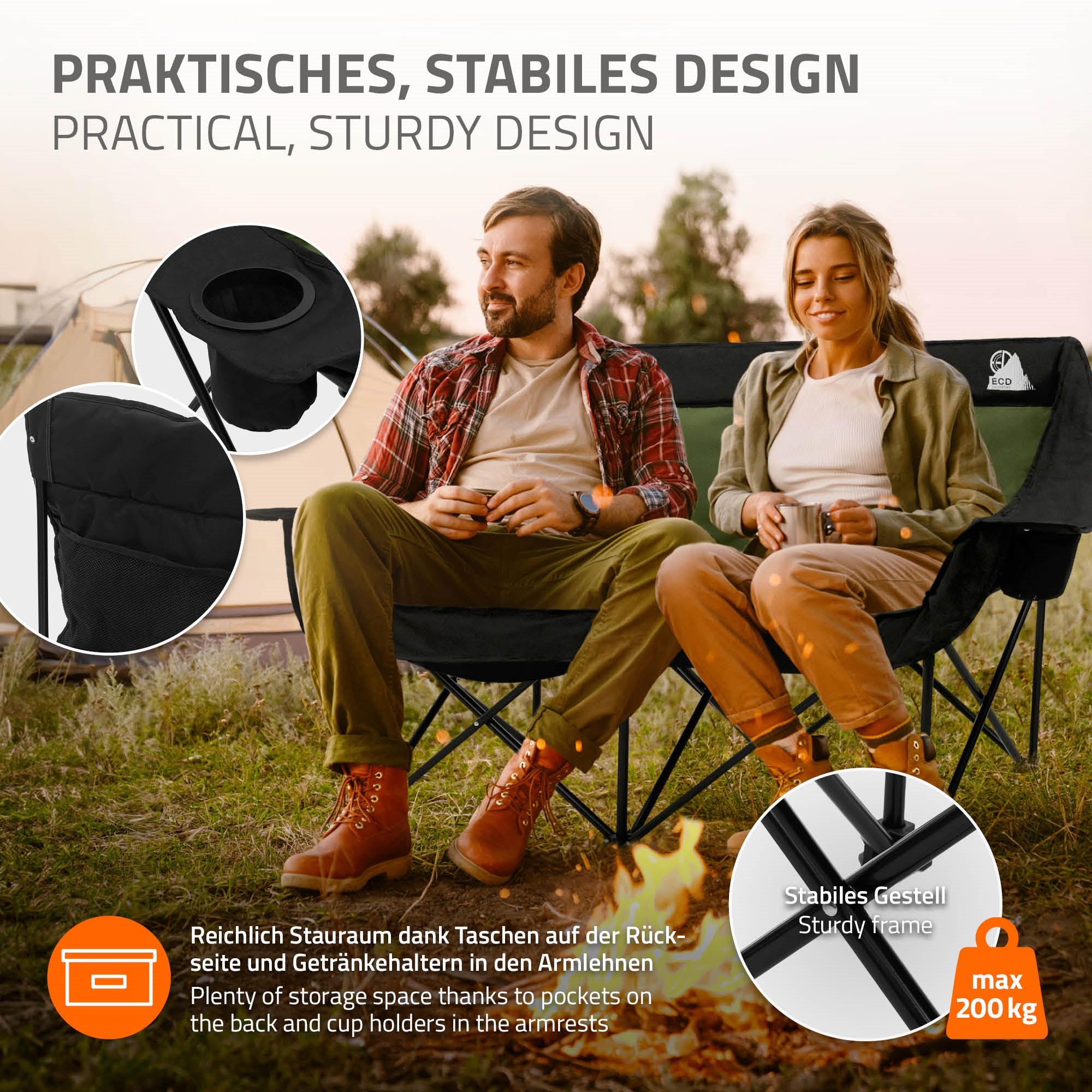 Campingstuhl mit Taschen und Getränkehaltern, stabiler Rahmen.