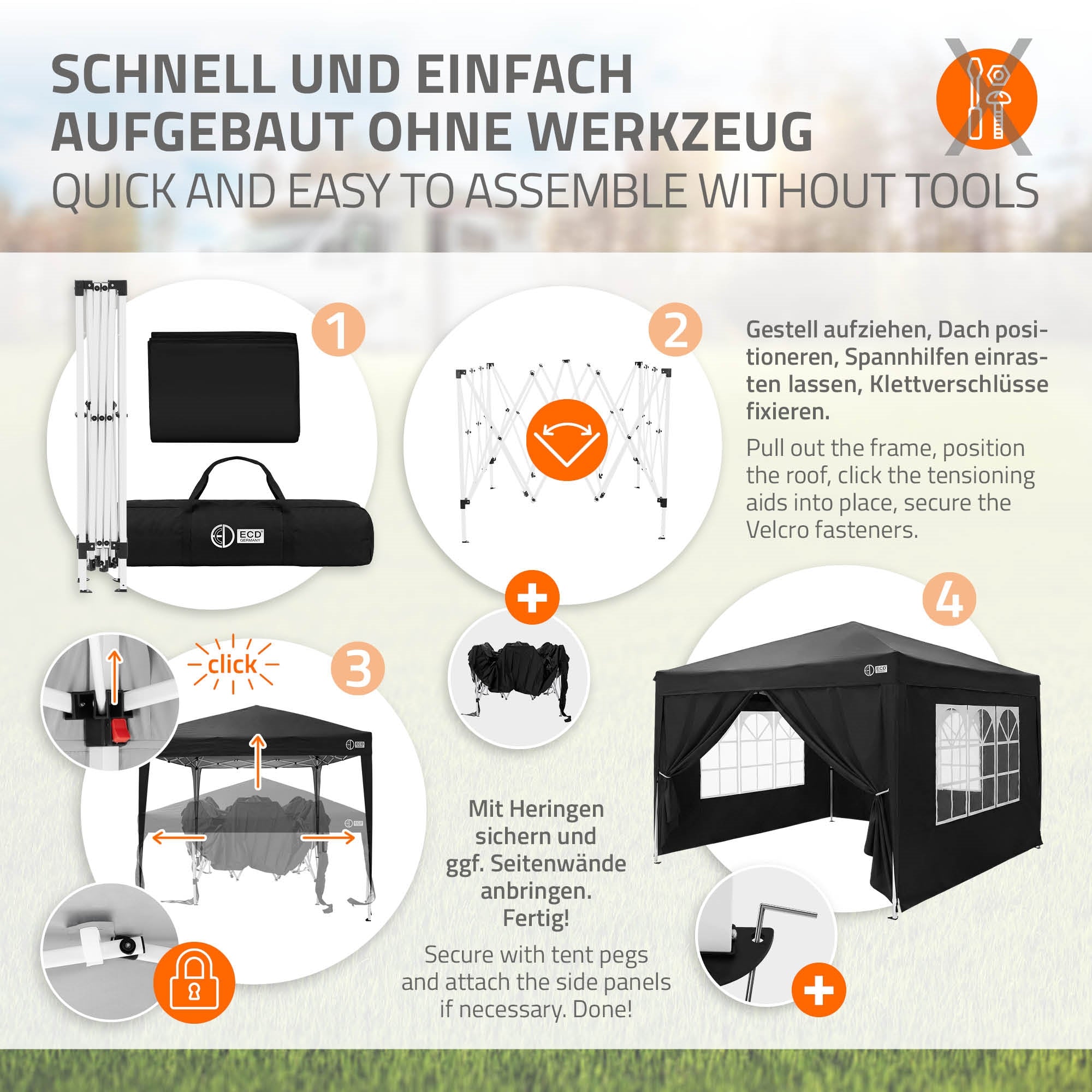Anleitung zum Aufbau eines Pavillons ohne Werkzeug.
