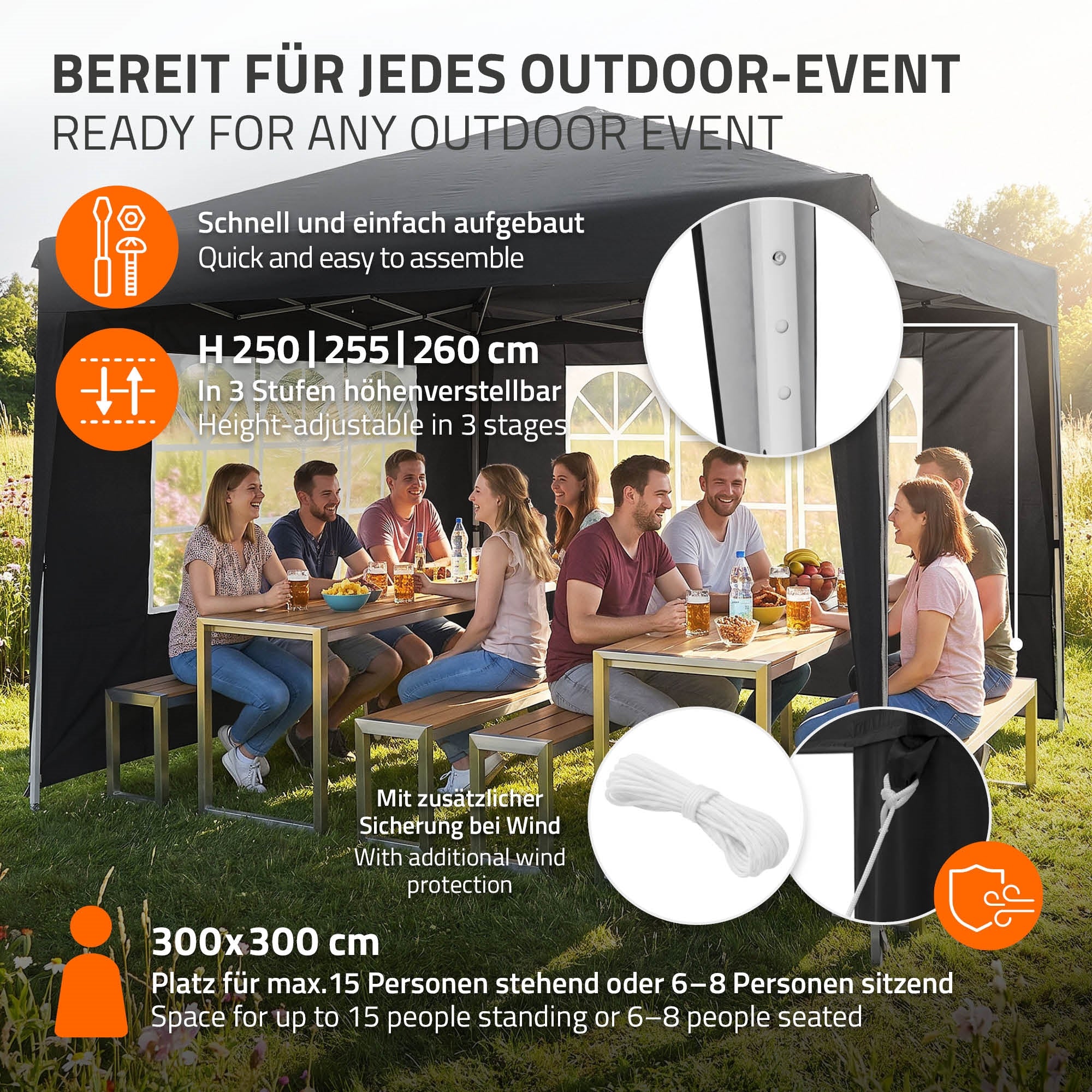 Zelt mit Tisch und Stühlen, höhenverstellbar, für Outdoor-Events, 300x300 cm.