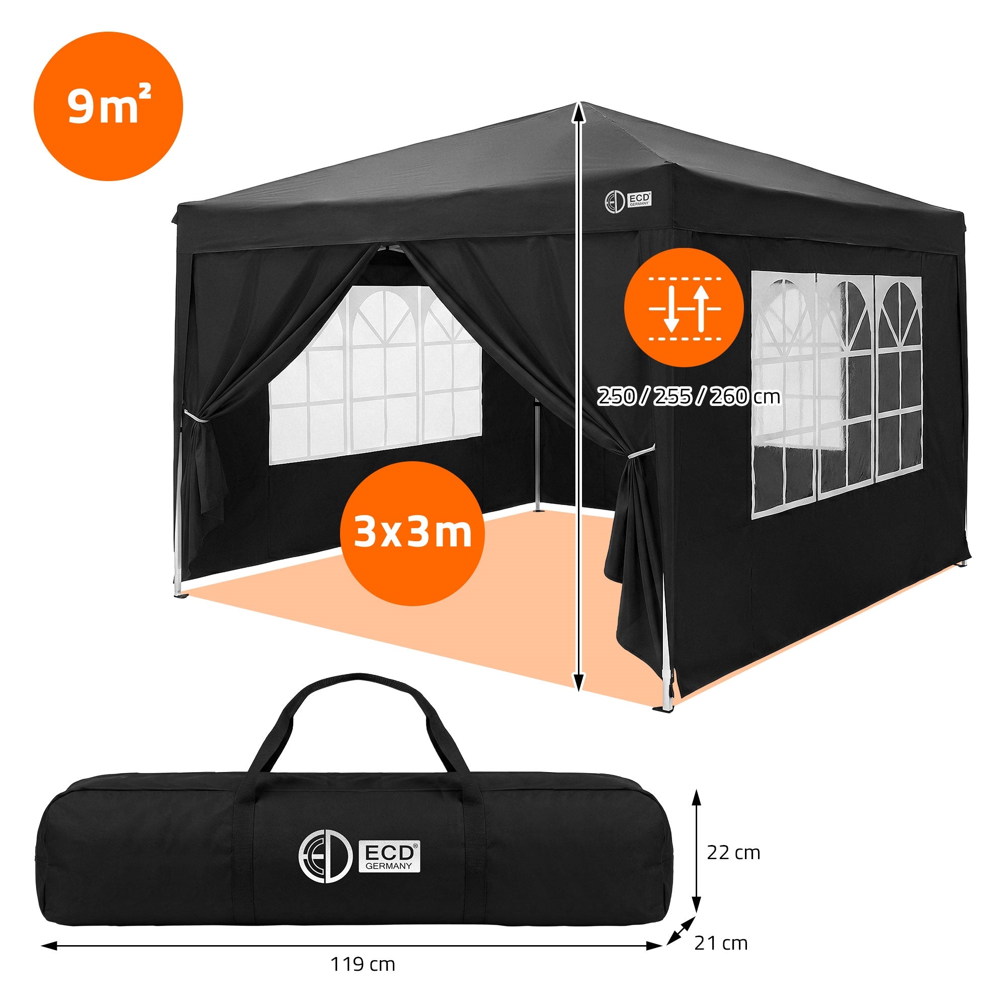 Pavillon noir avec dimensions et sac de transport, sur un fond blanc.