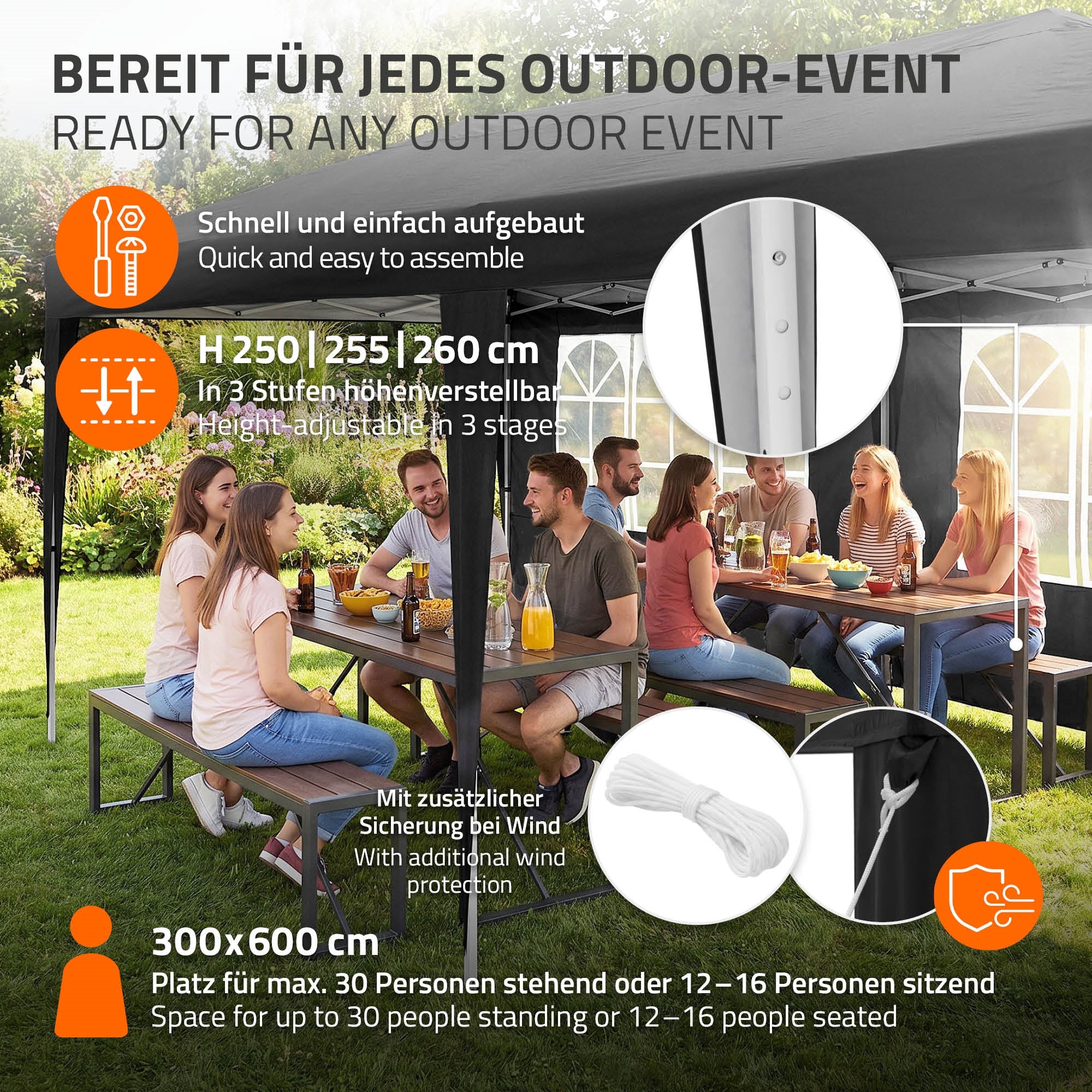 Grafik über ein Outdoor-Zelt mit Platz für bis zu 30 Personen.