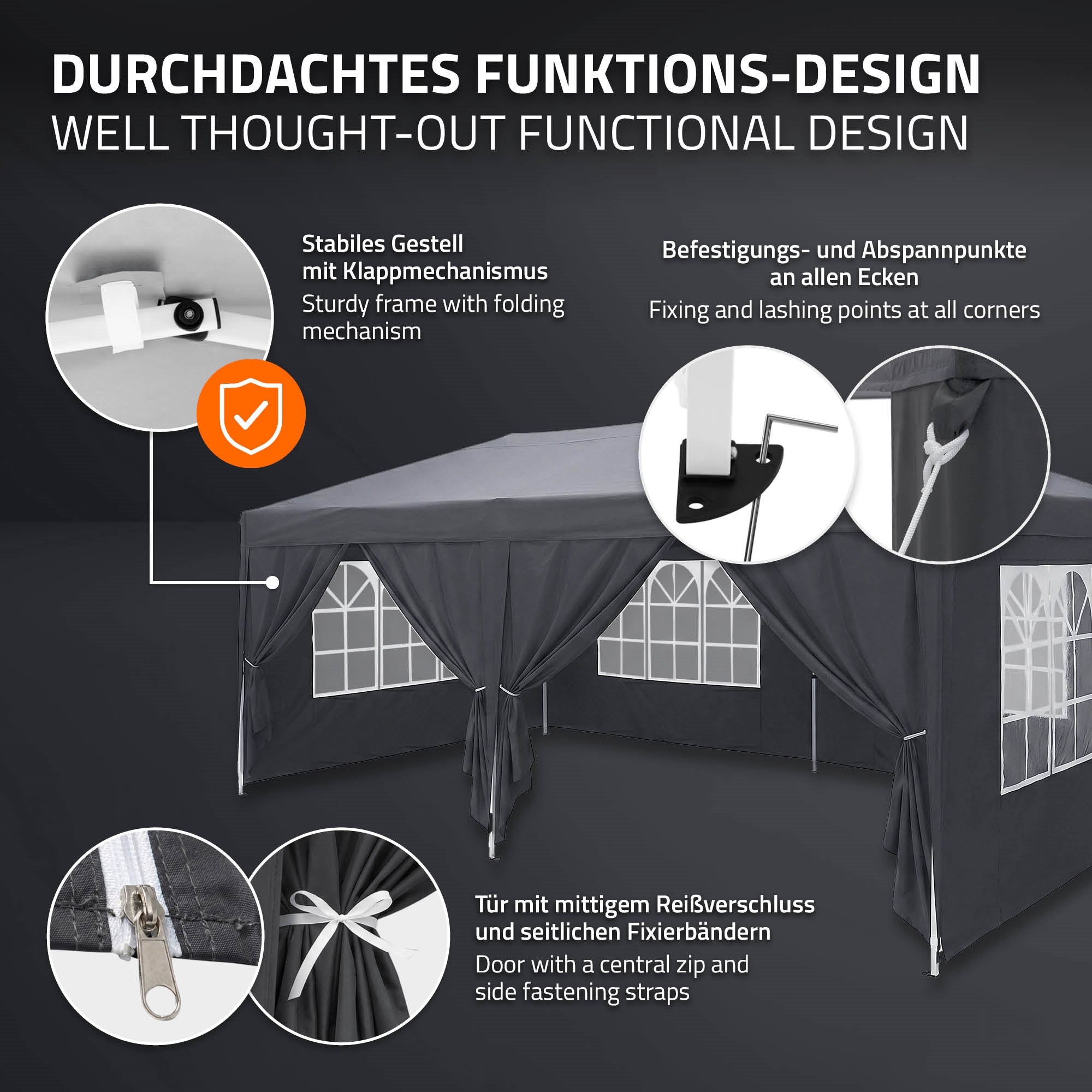 Tenda con struttura stabile e finestre, montata all'aperto.