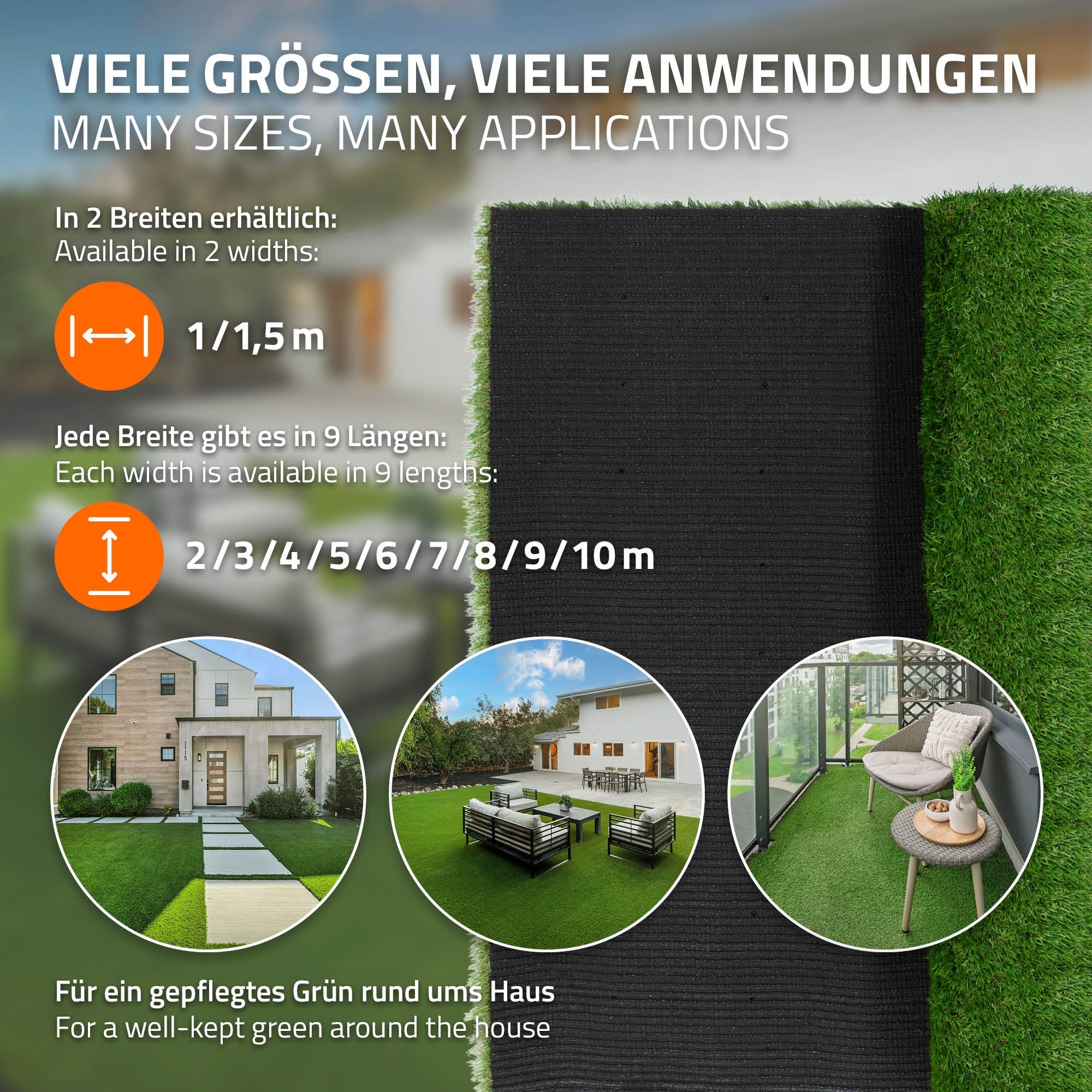Grafik zeigt verschiedene Rasenbreiten und Anwendungsbeispiele im Garten.