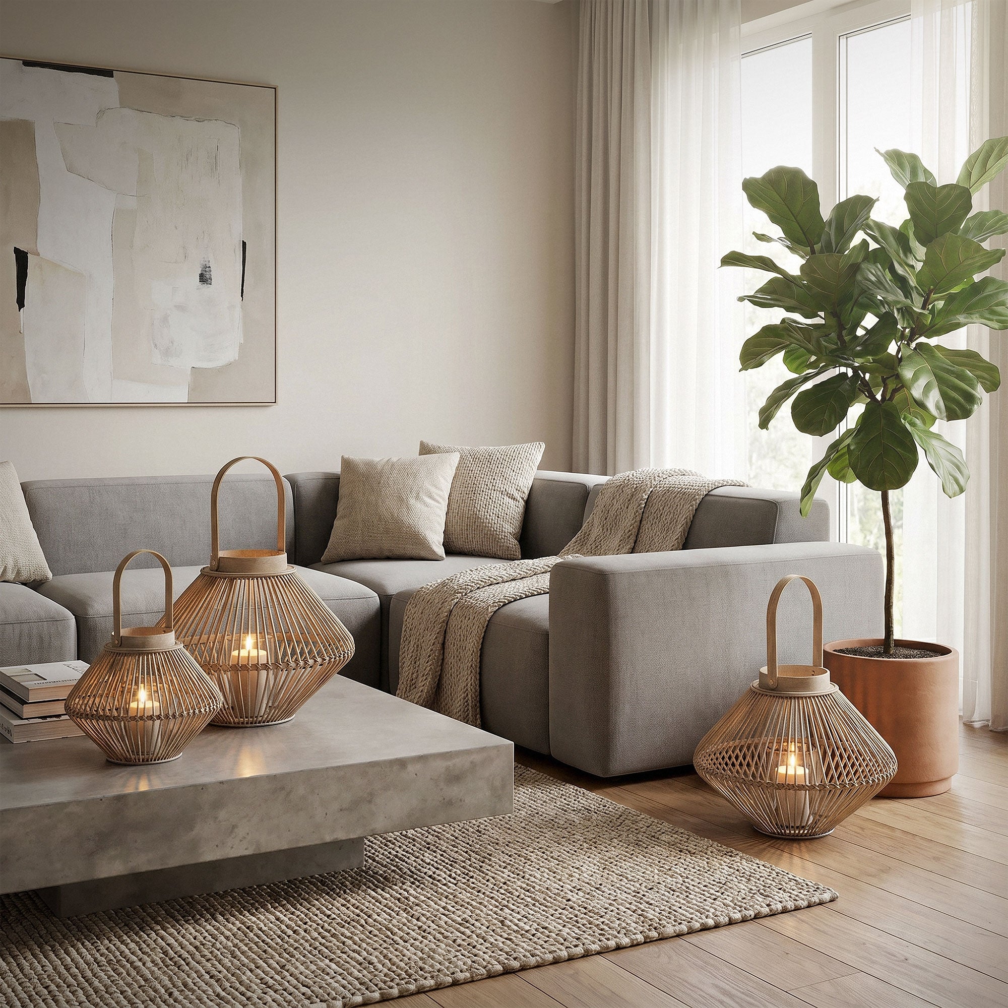 Una sala de estar con un sofá, linternas y una planta en una maceta.