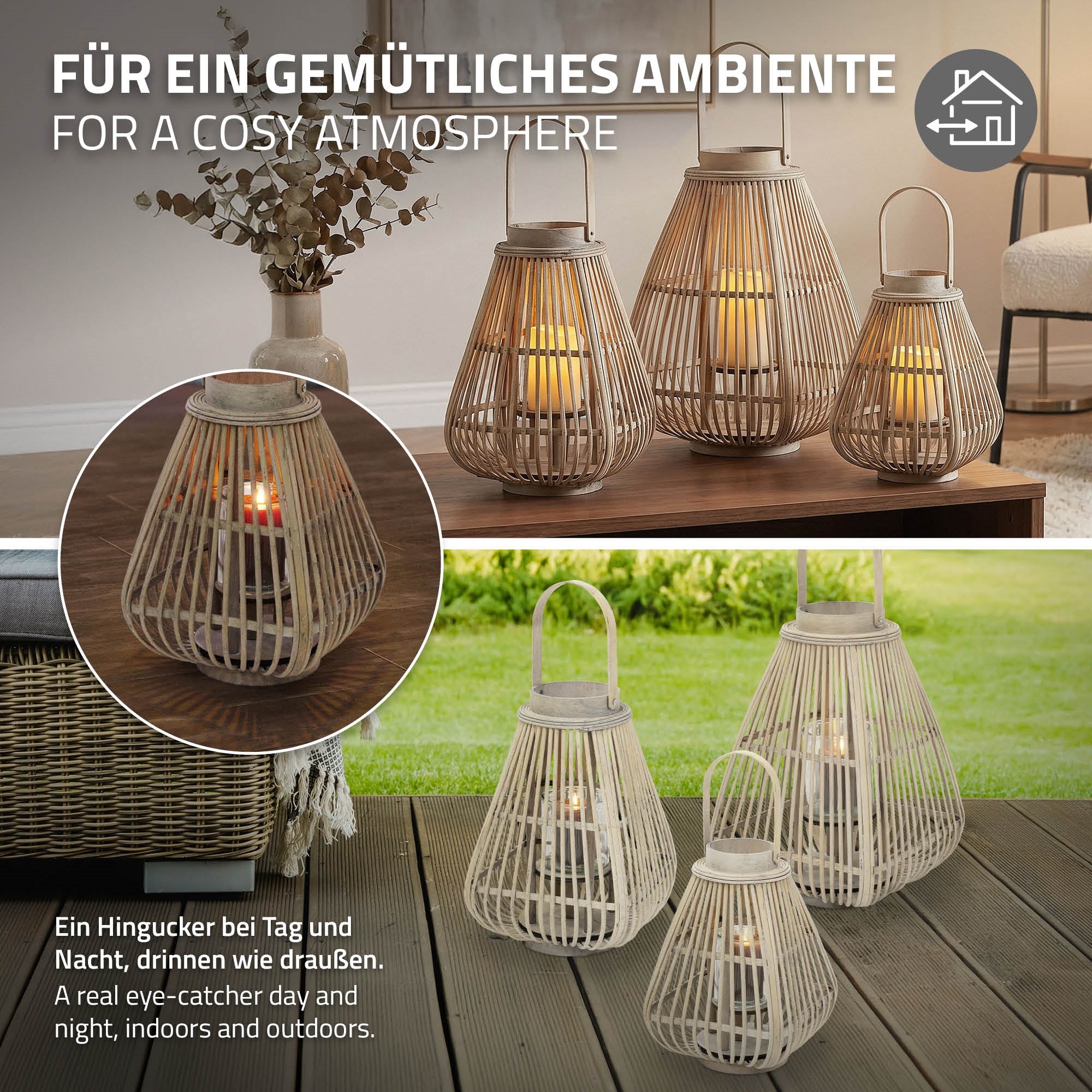 Drei Bambuslaternen mit Kerzen in einem gemütlichen Ambiente.