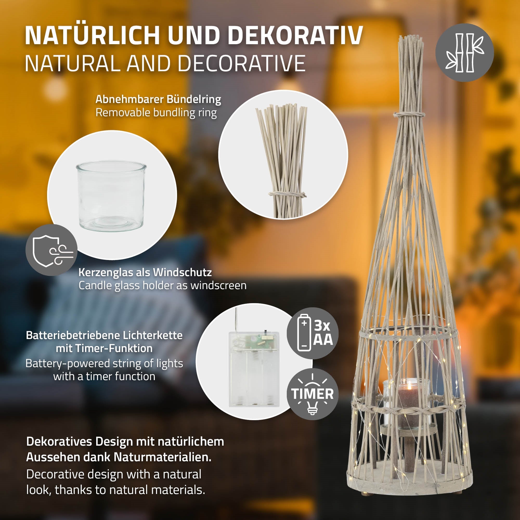Eine dekorative Laterne mit Kerzenhalter und Timer-Funktion.