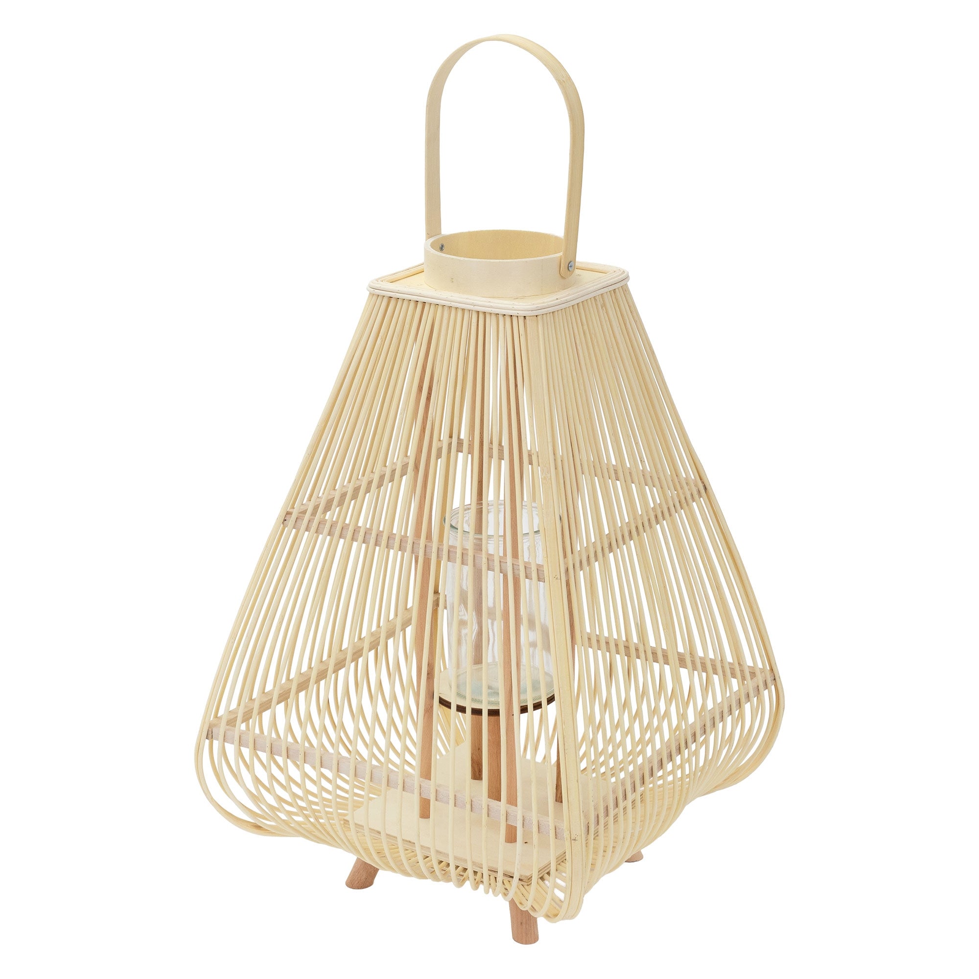 Kulatá lampa z ratanu s skleněnou nádobou na svíčku.